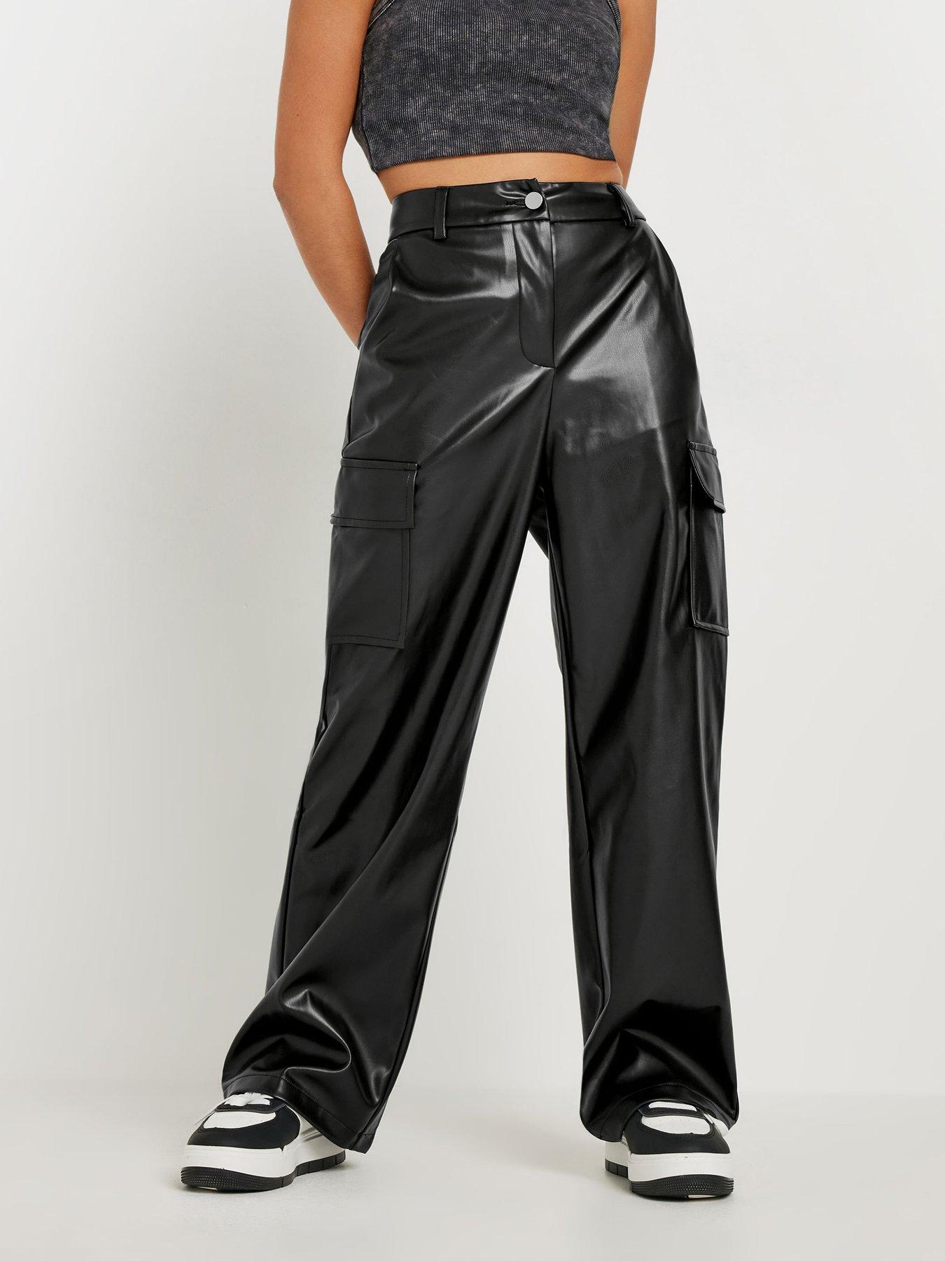 PixieGirl Petite Pu Wide Leg Utility Trousers - Black