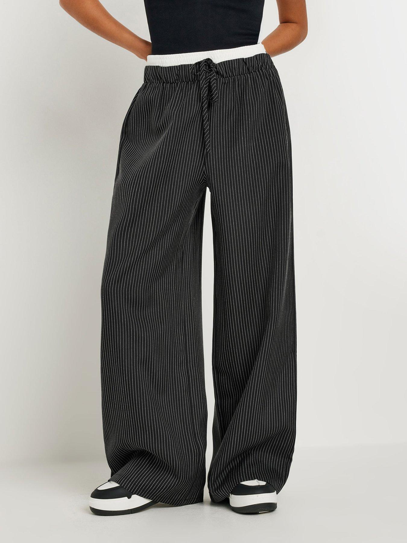 PixieGirl Petite Pinstripe Wide Leg Troupers - Black