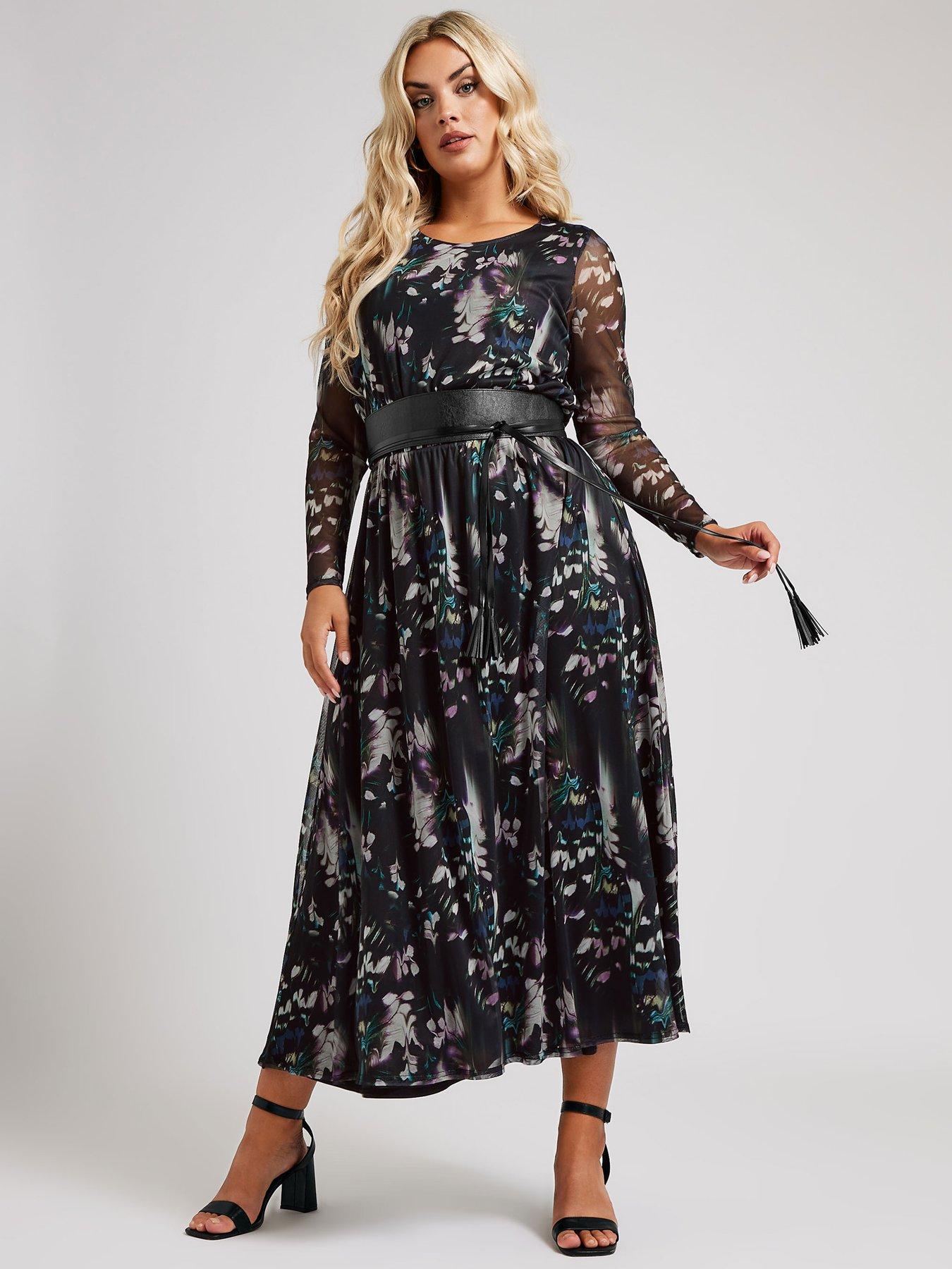 yours-curve-long-sleeve-mesh-dress-with-belt-blackfront