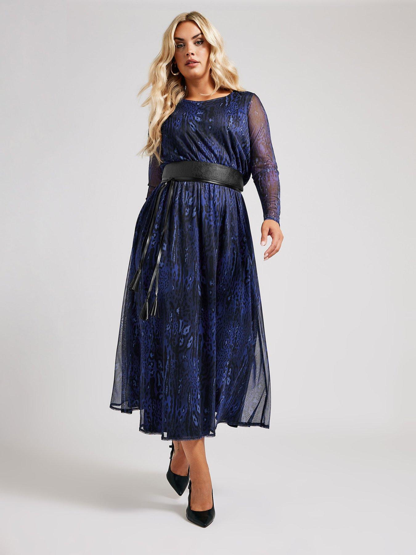 yours-curve-long-sleeve-mesh-dress-with-belt-blue