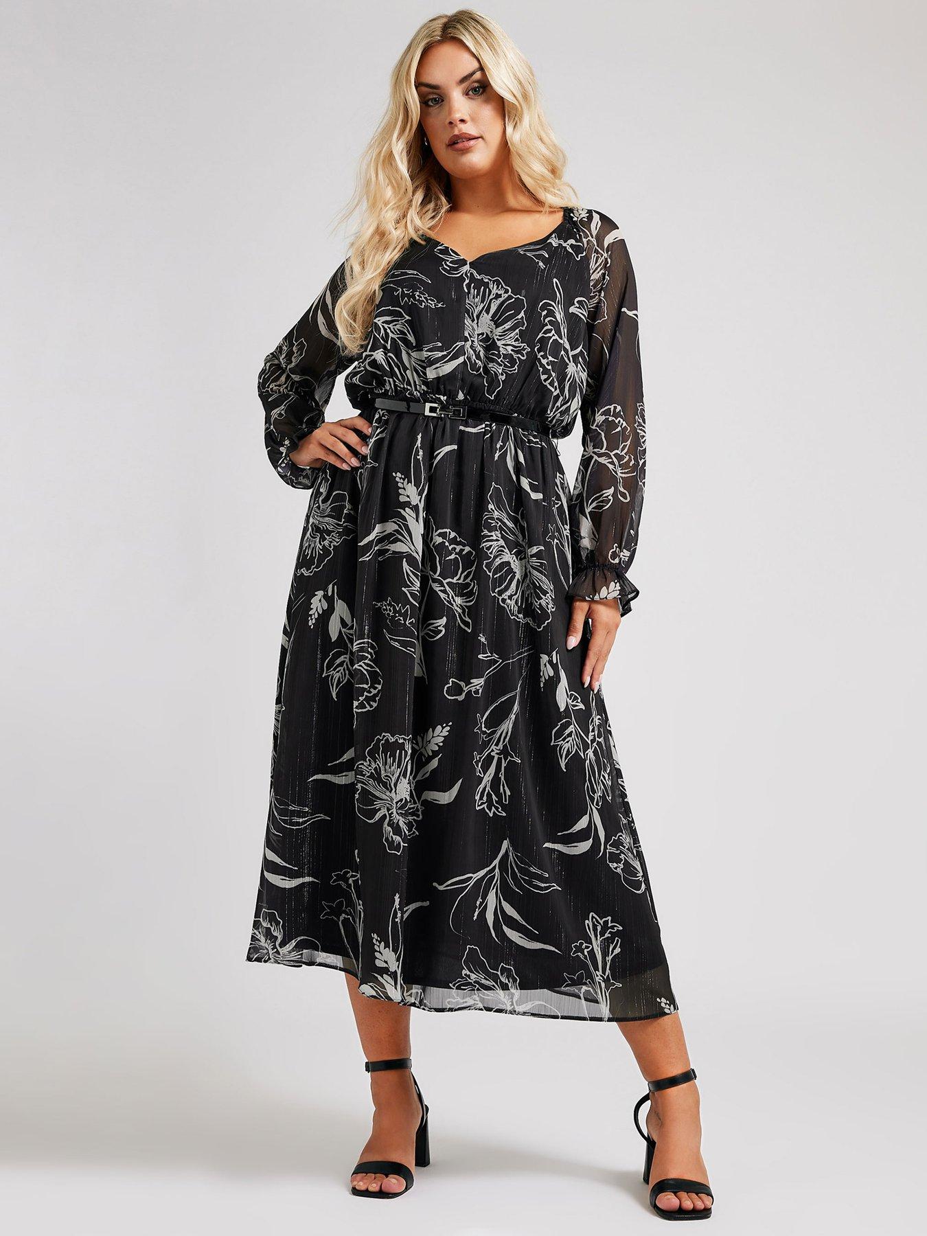 Yours Curve Mono Stencil Dress With Belt - Black