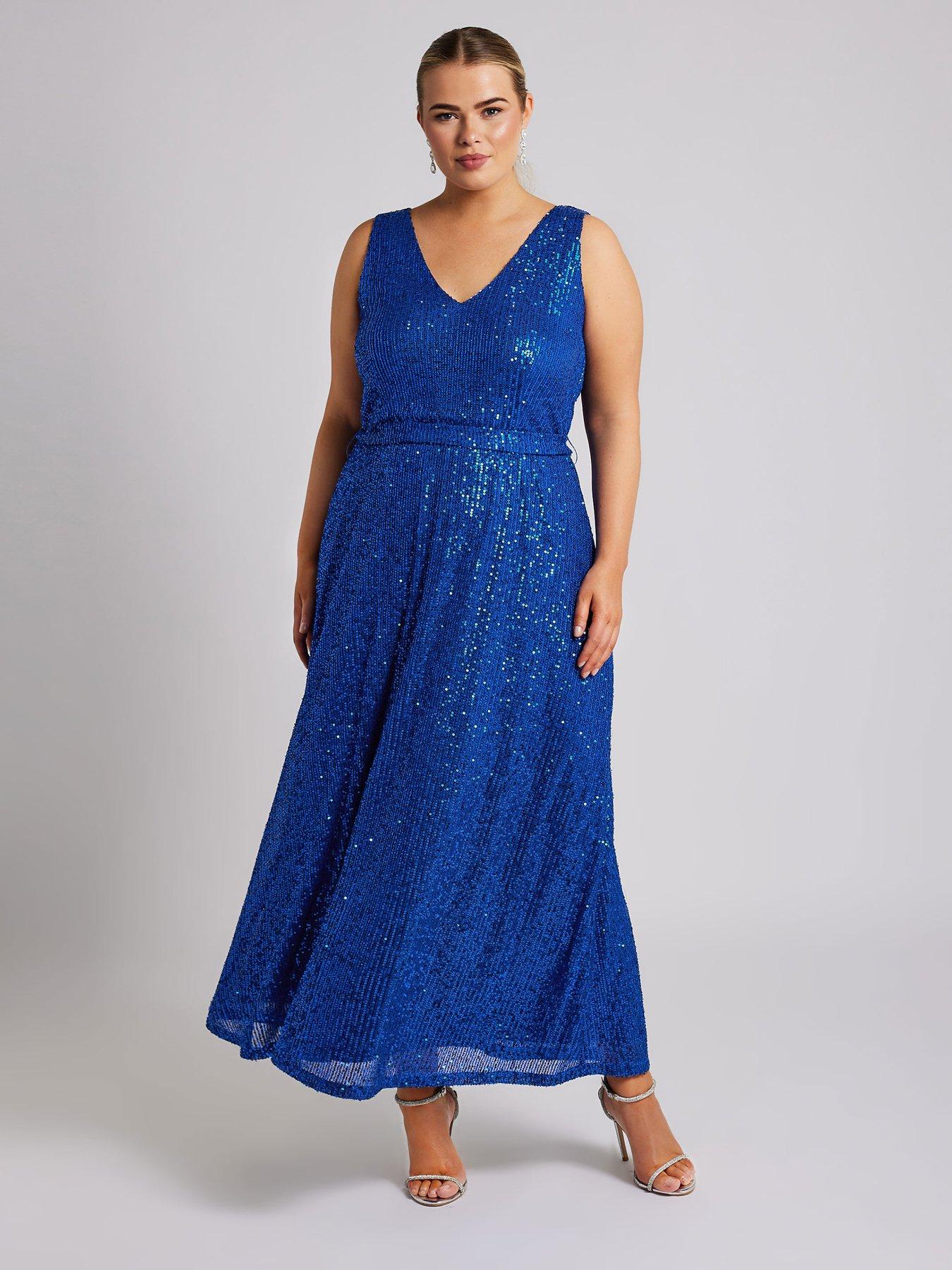 Image 1 of 4 of Yours Curve Sequin V Neck Maxi Dress - Blue