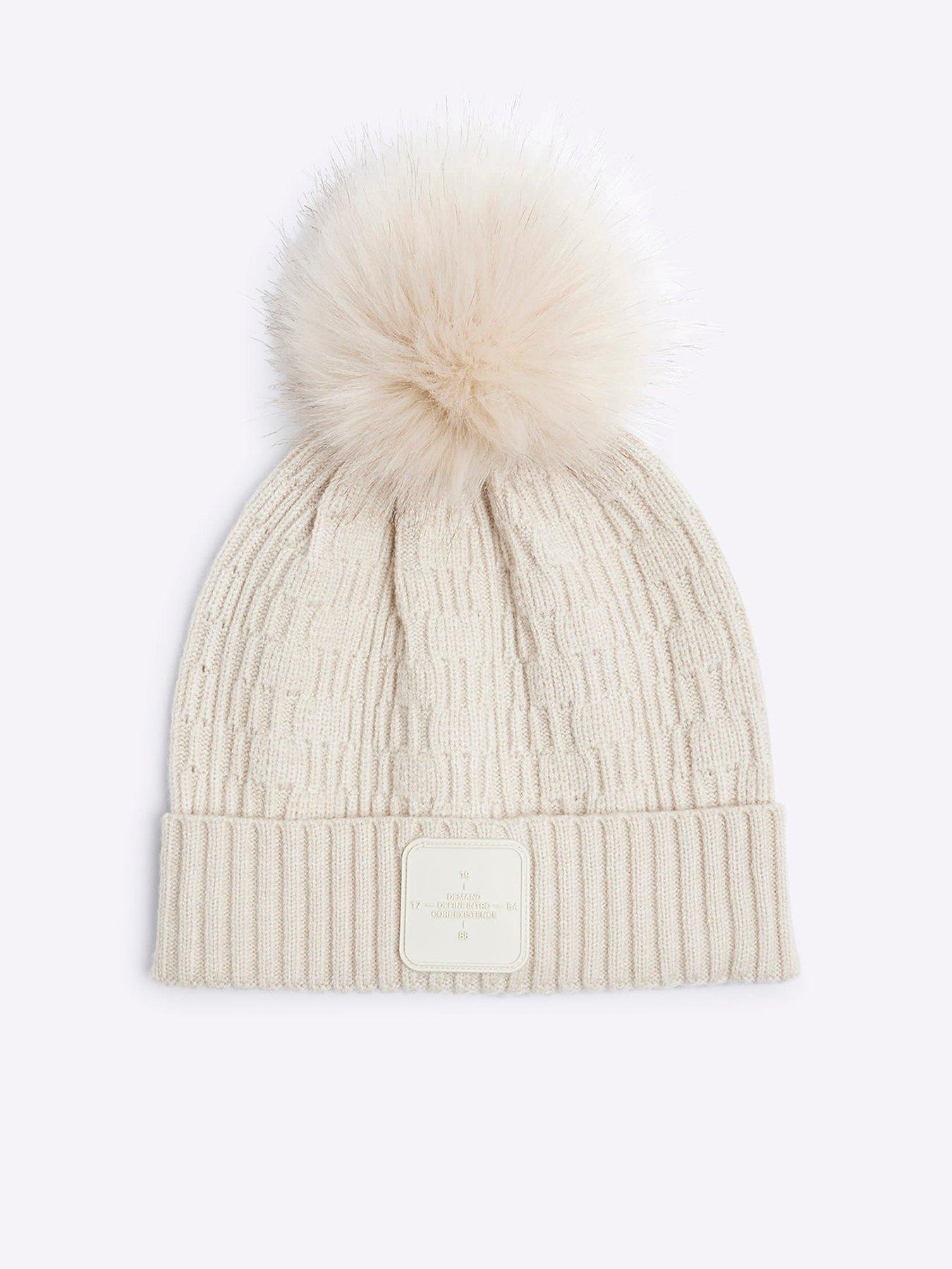 Image 1 of 3 of River Island Older Boy Pom Pom Beanie Hat - Beige