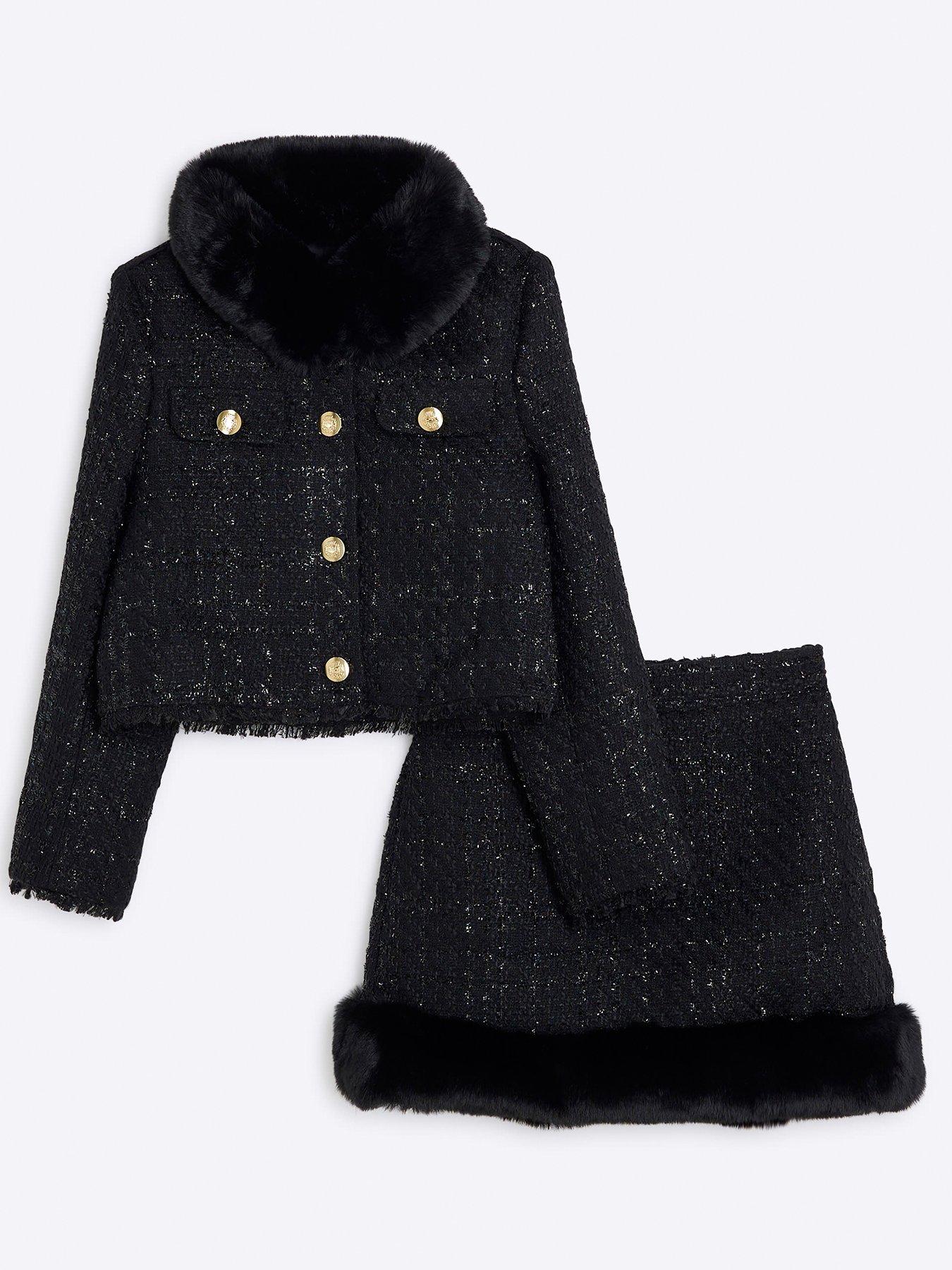 Image 1 of 5 of River Island Boucle Military Jacket Set - Black