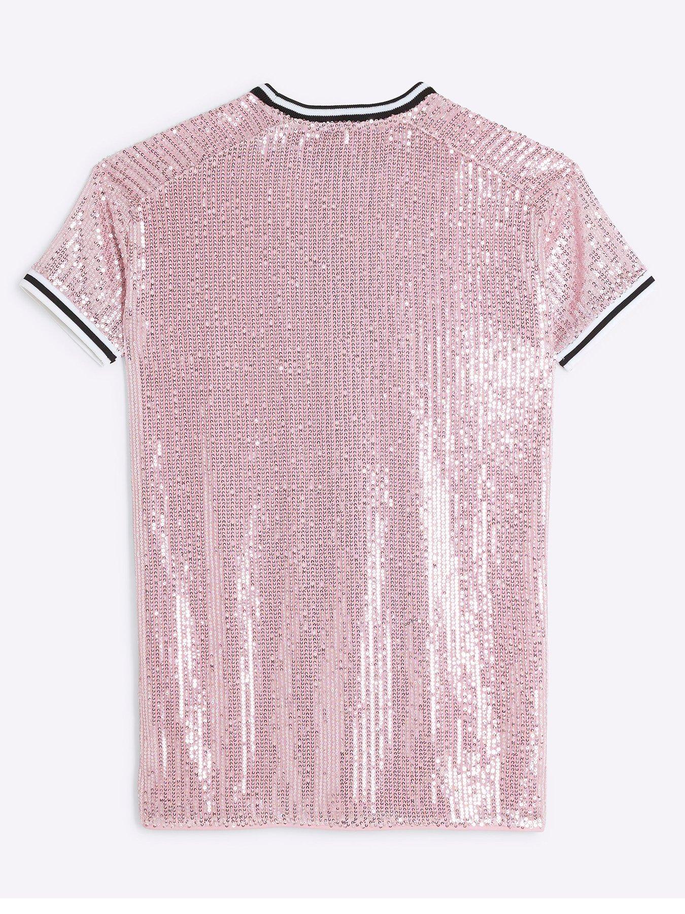 Image 2 of 4 of River Island Girls Sequin New York Longline T-shirt - Pink