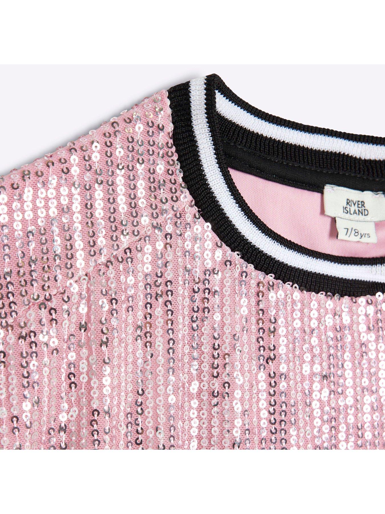 Image 3 of 4 of River Island Girls Sequin New York Longline T-shirt - Pink