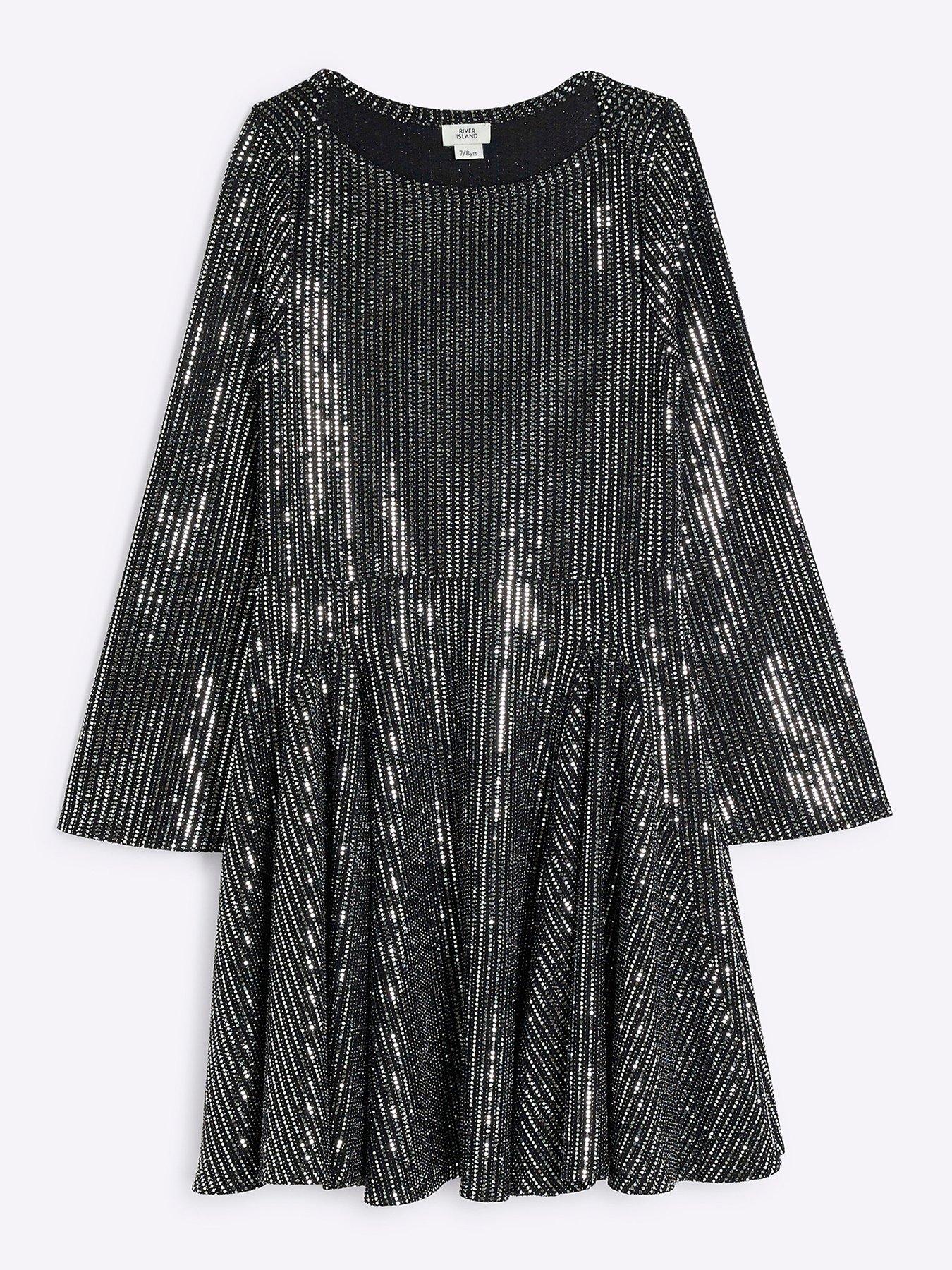 river-island-sequin-long-sleeve-godet-dress-blackfront