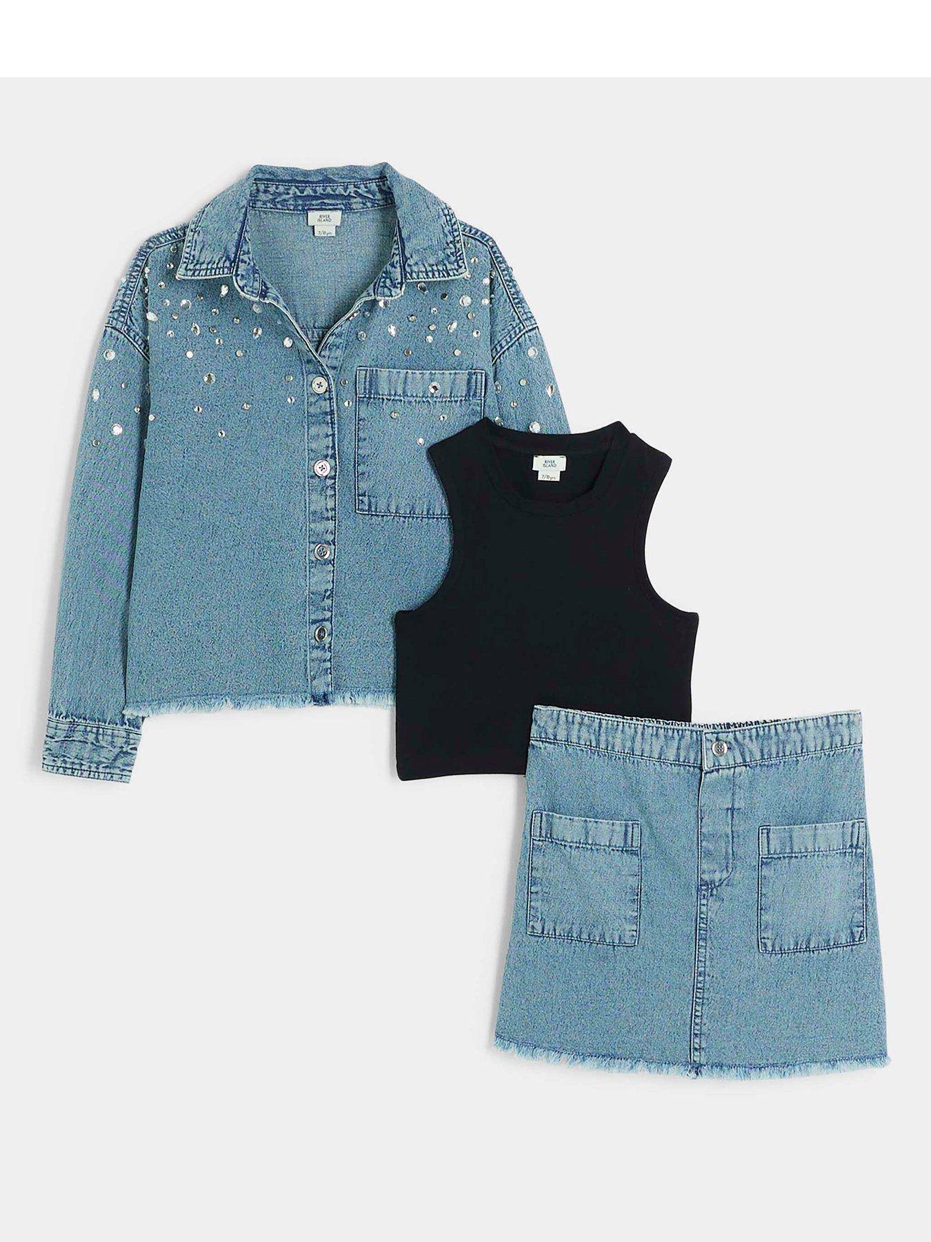 river-island-older-girl-embellished-shacket-3-piece-set-blue