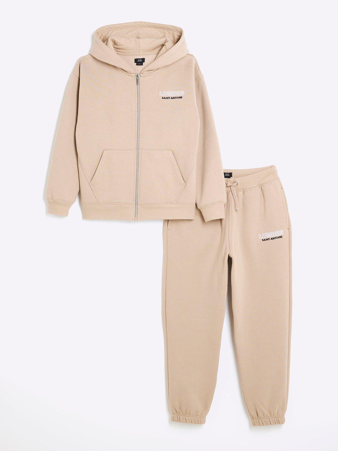 Image 1 of 4 of River Island Boys Luminis Zip Through Hoodie Set - Beige