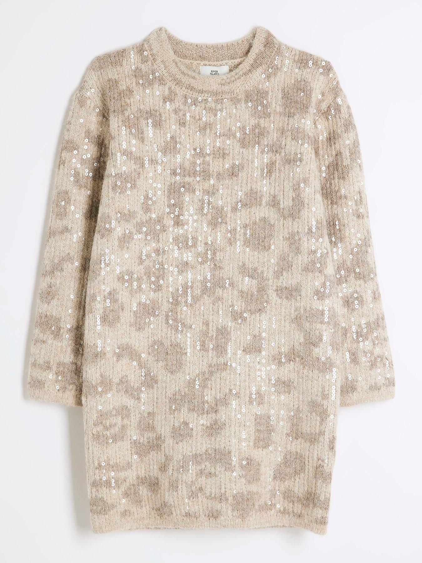 Image 1 of 4 of River Island Older Girl Leopard Print Sequin Jumper Dress - Beige