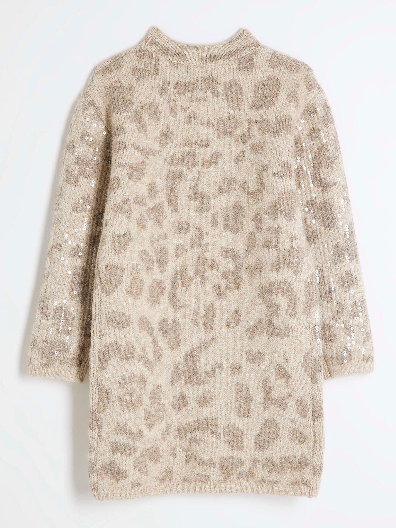 Image 2 of 4 of River Island Older Girl Leopard Print Sequin Jumper Dress - Beige