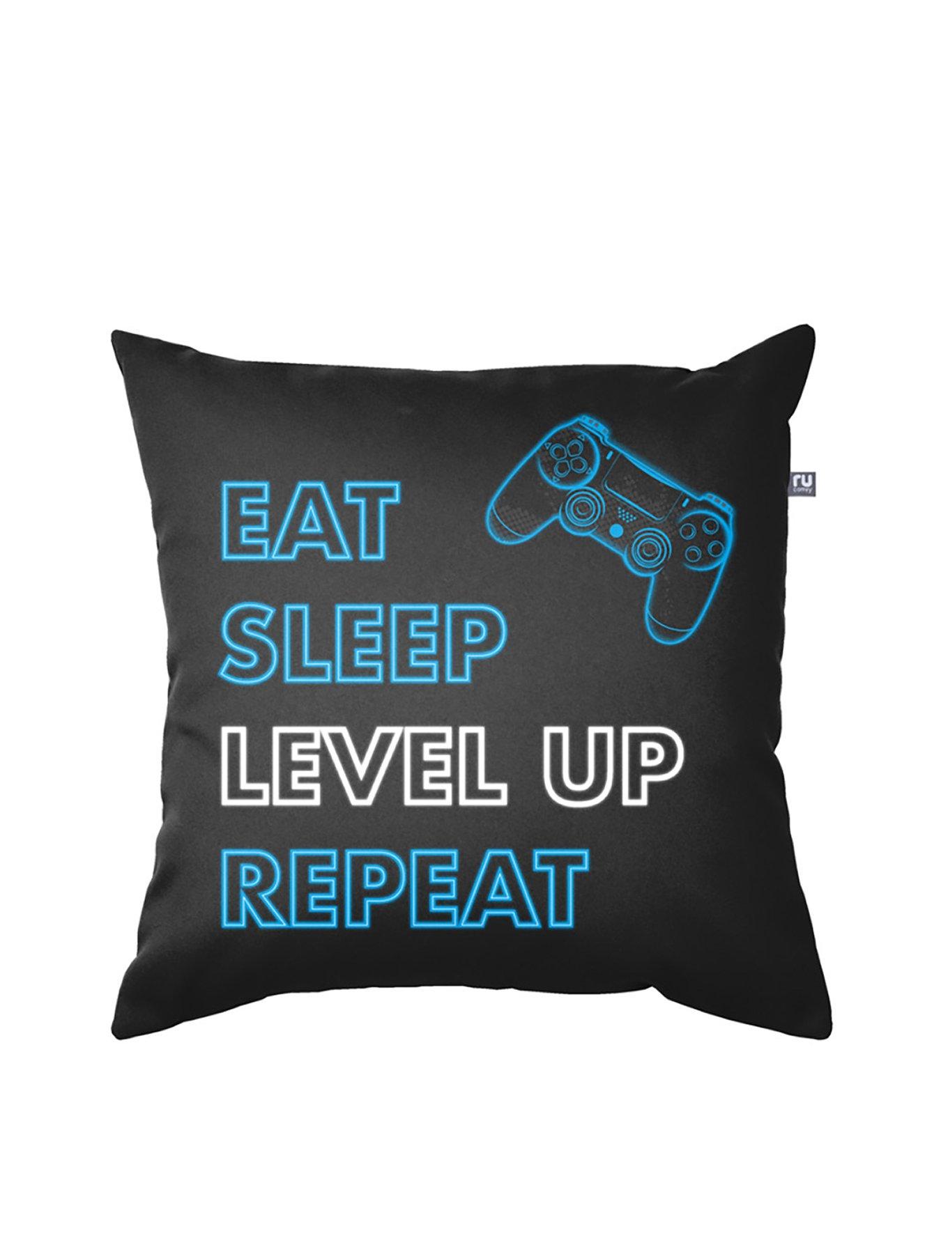 rucomfy-printed-trend-45x45cm-eat-sleep-level-up-repeat-cushion-black