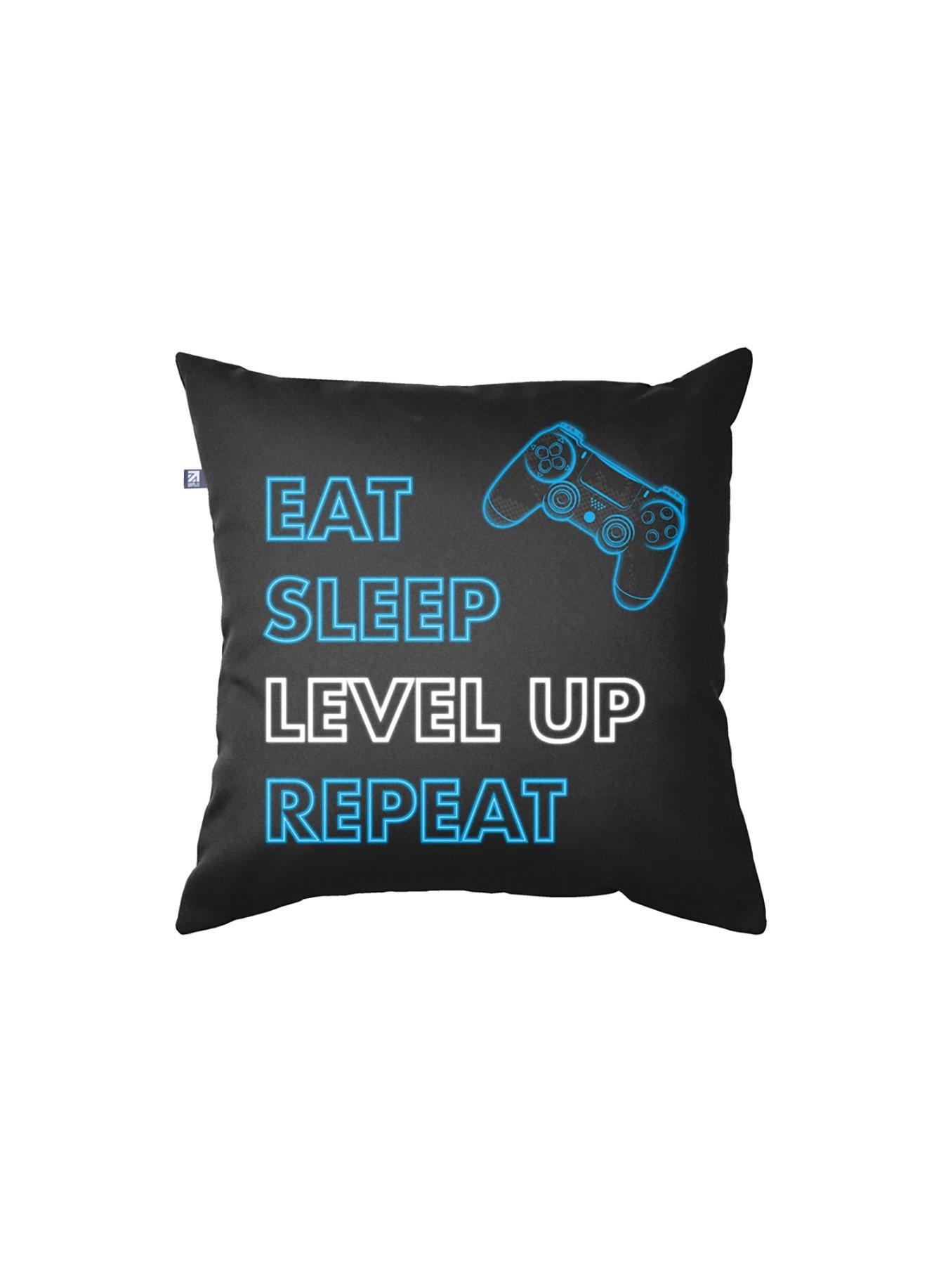 rucomfy-printed-trend-45x45cm-eat-sleep-level-up-repeat-cushion-blackback