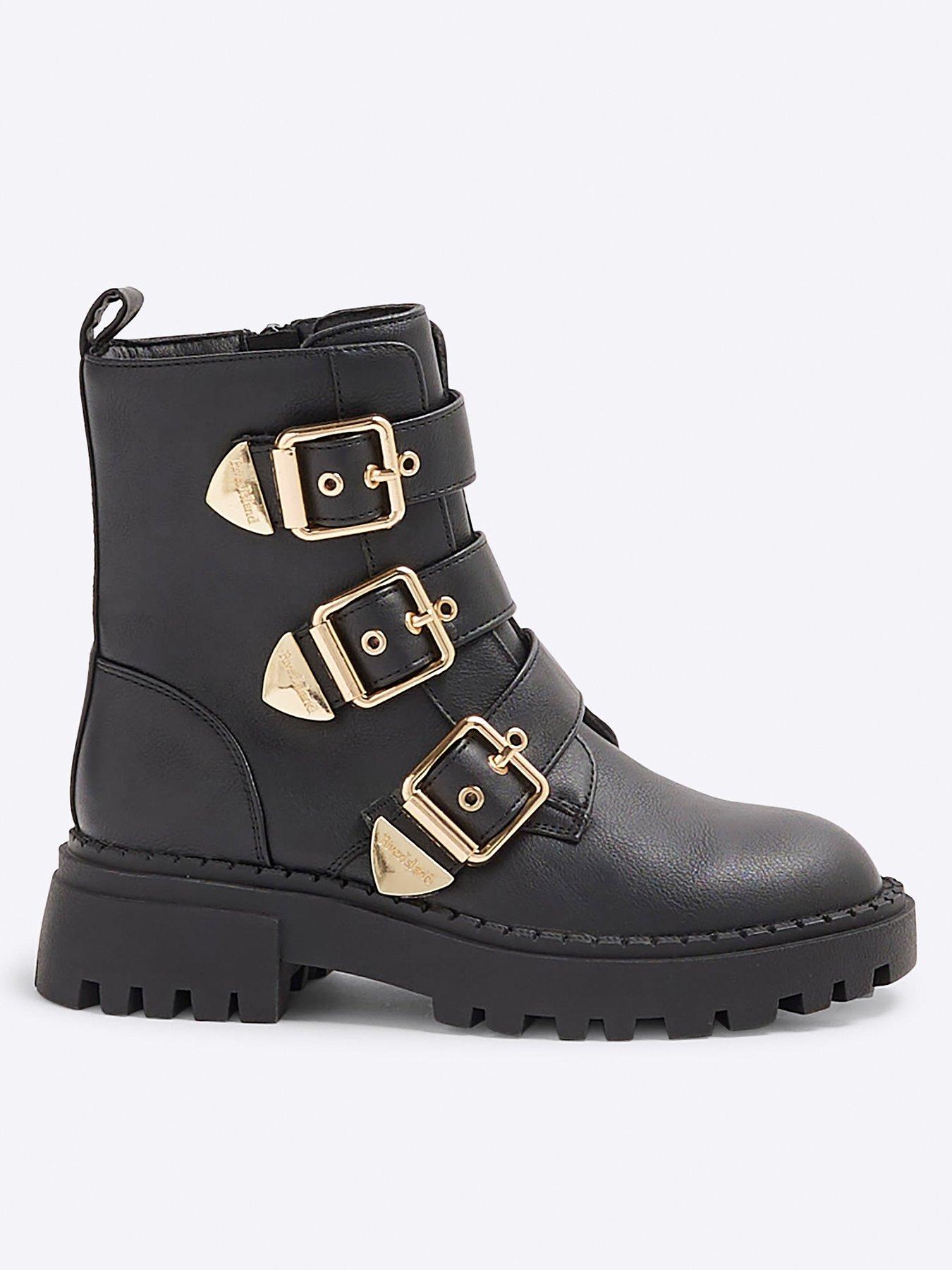 Image 1 of 5 of River Island Older Girl Faux Leather Biker Boot - Black