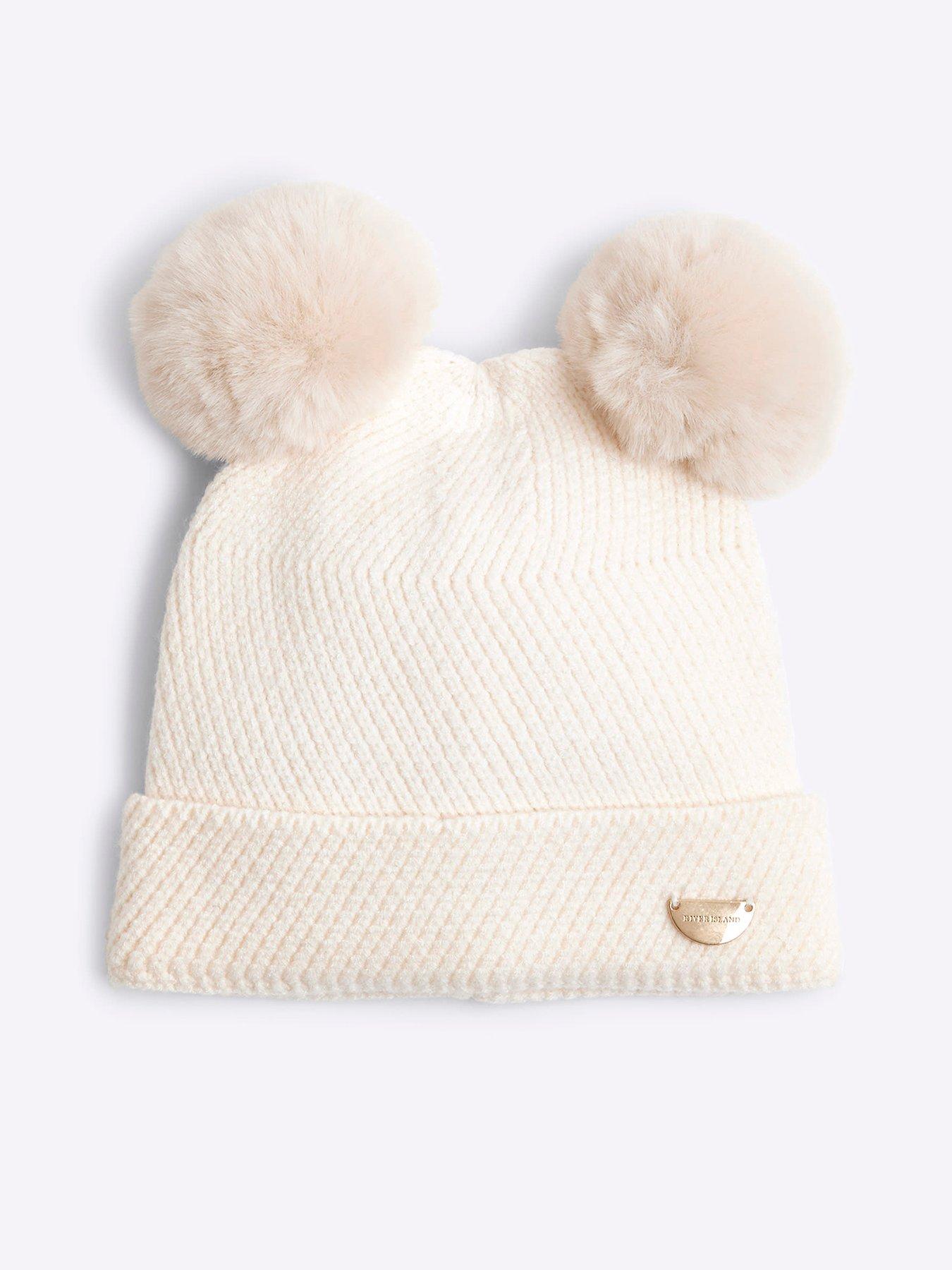 Image 1 of 4 of River Island Mini Mini Girls Pom Pom Beanie - Cream