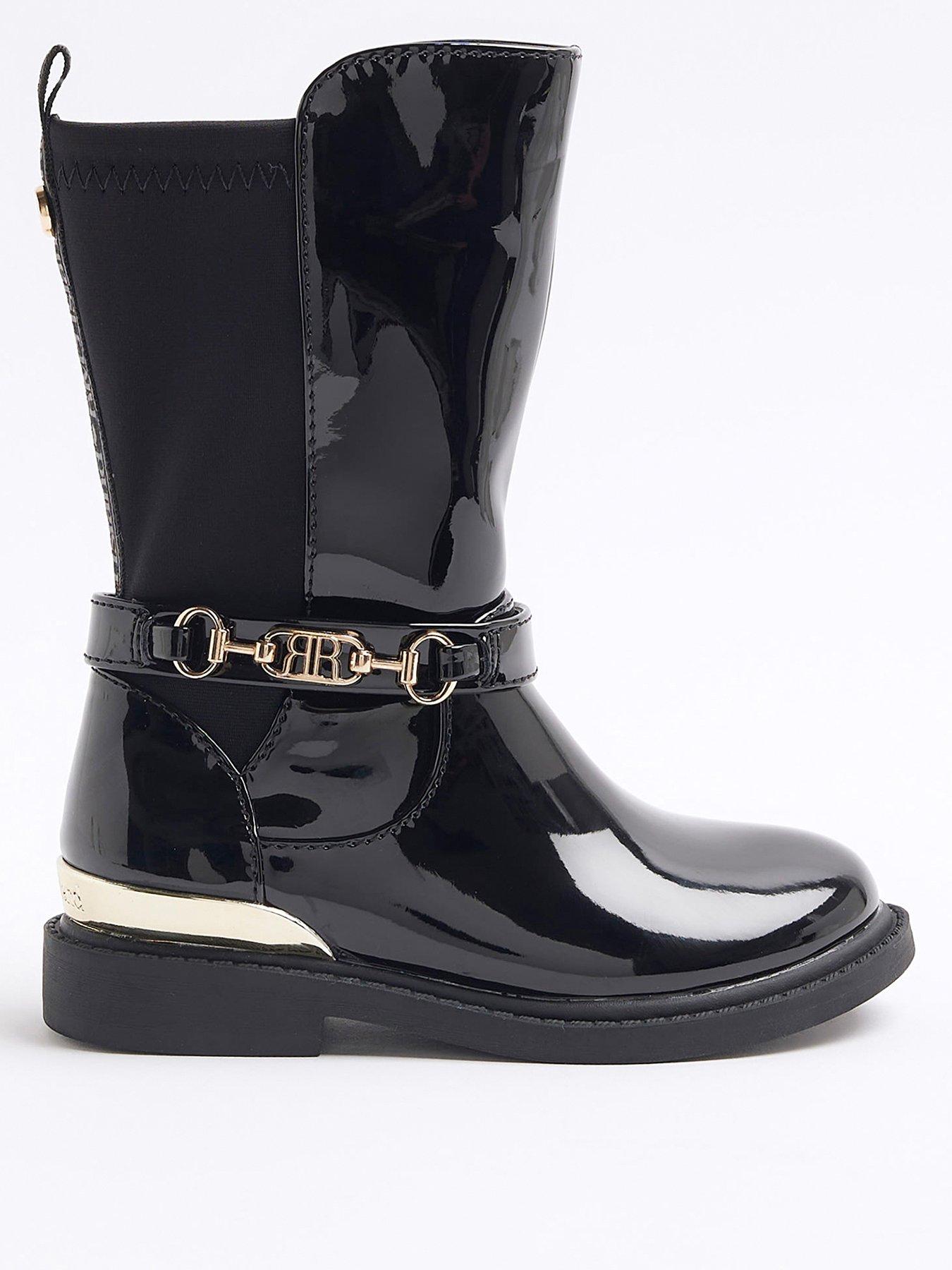 Image 1 of 5 of River Island Mini Patent Knee High Boots - Black