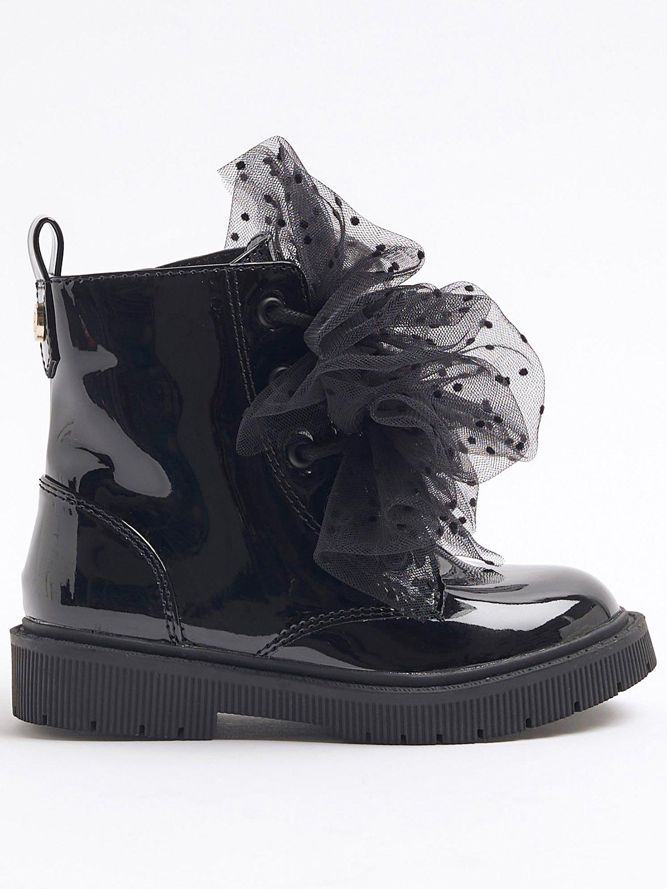 Image 1 of 5 of River Island Mini Patent Lace Up Boots - Black