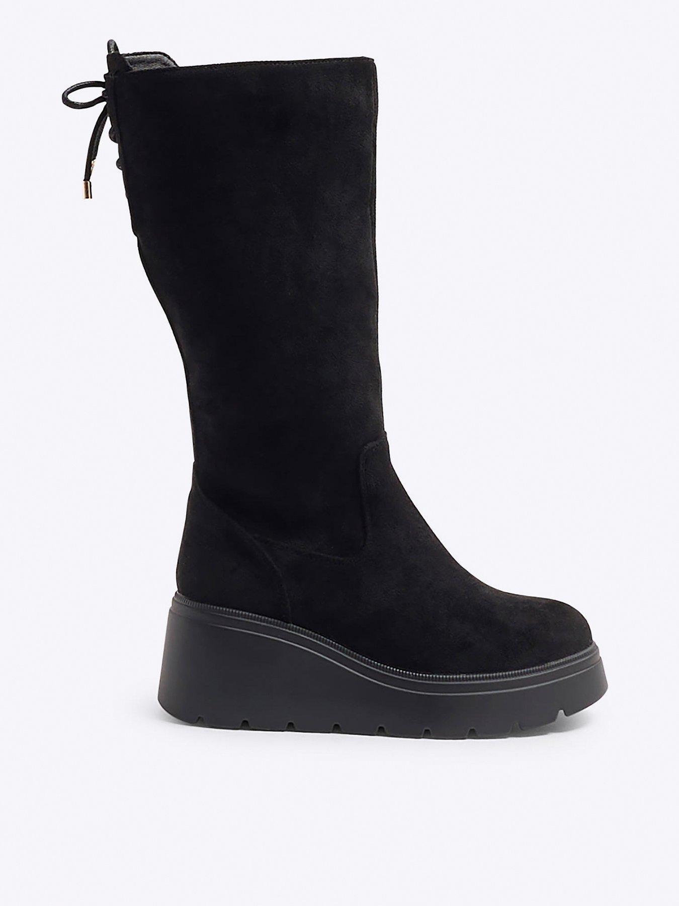 Image 1 of 5 of River Island Older Girl Suedette Wedge Knee High Boots - Black