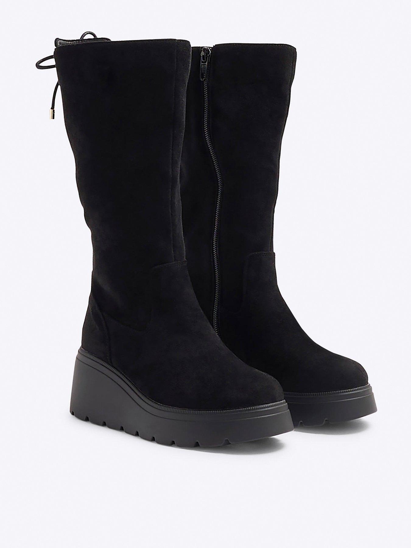 Image 2 of 5 of River Island Older Girl Suedette Wedge Knee High Boots - Black