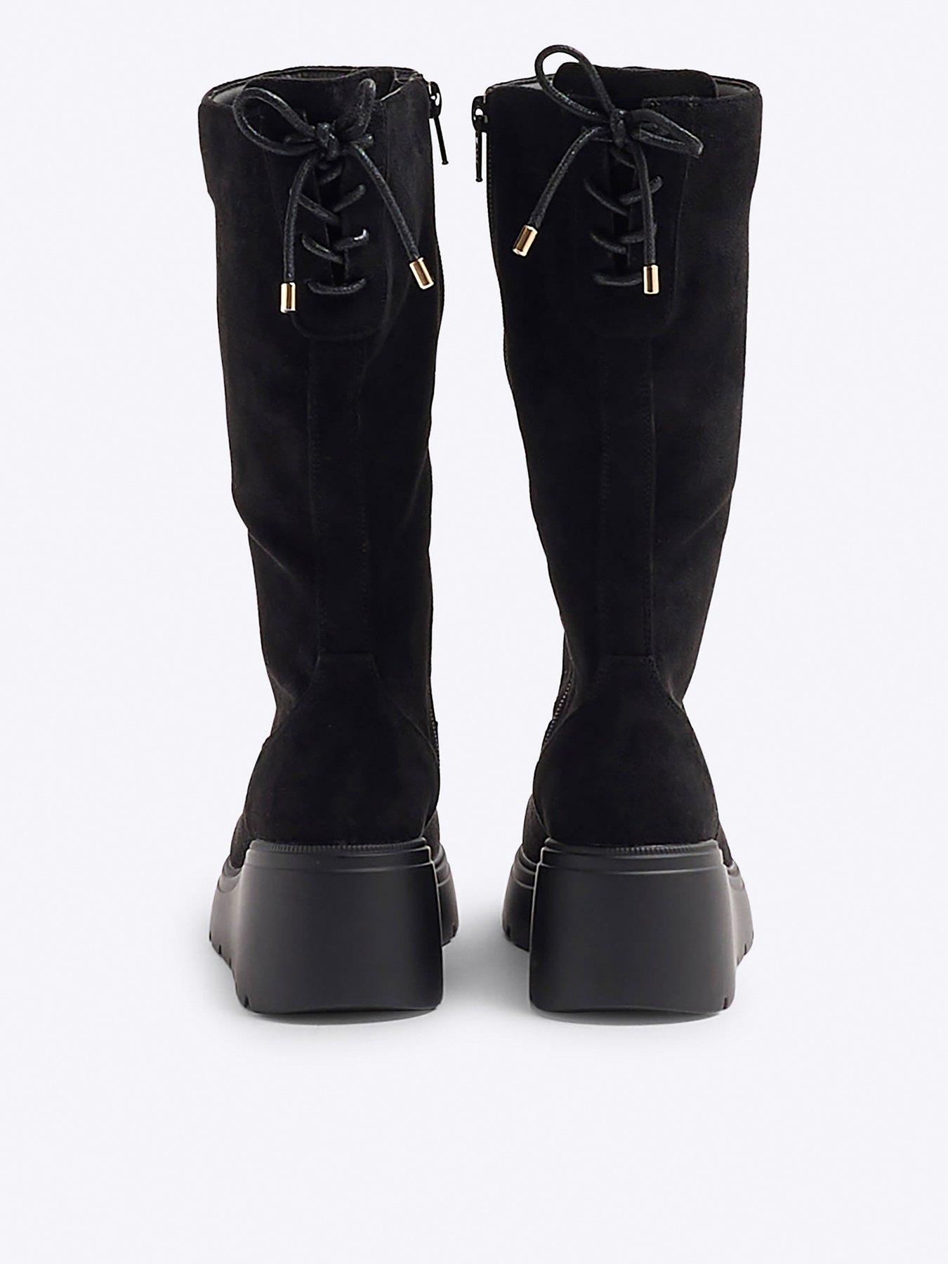 Image 3 of 5 of River Island Older Girl Suedette Wedge Knee High Boots - Black