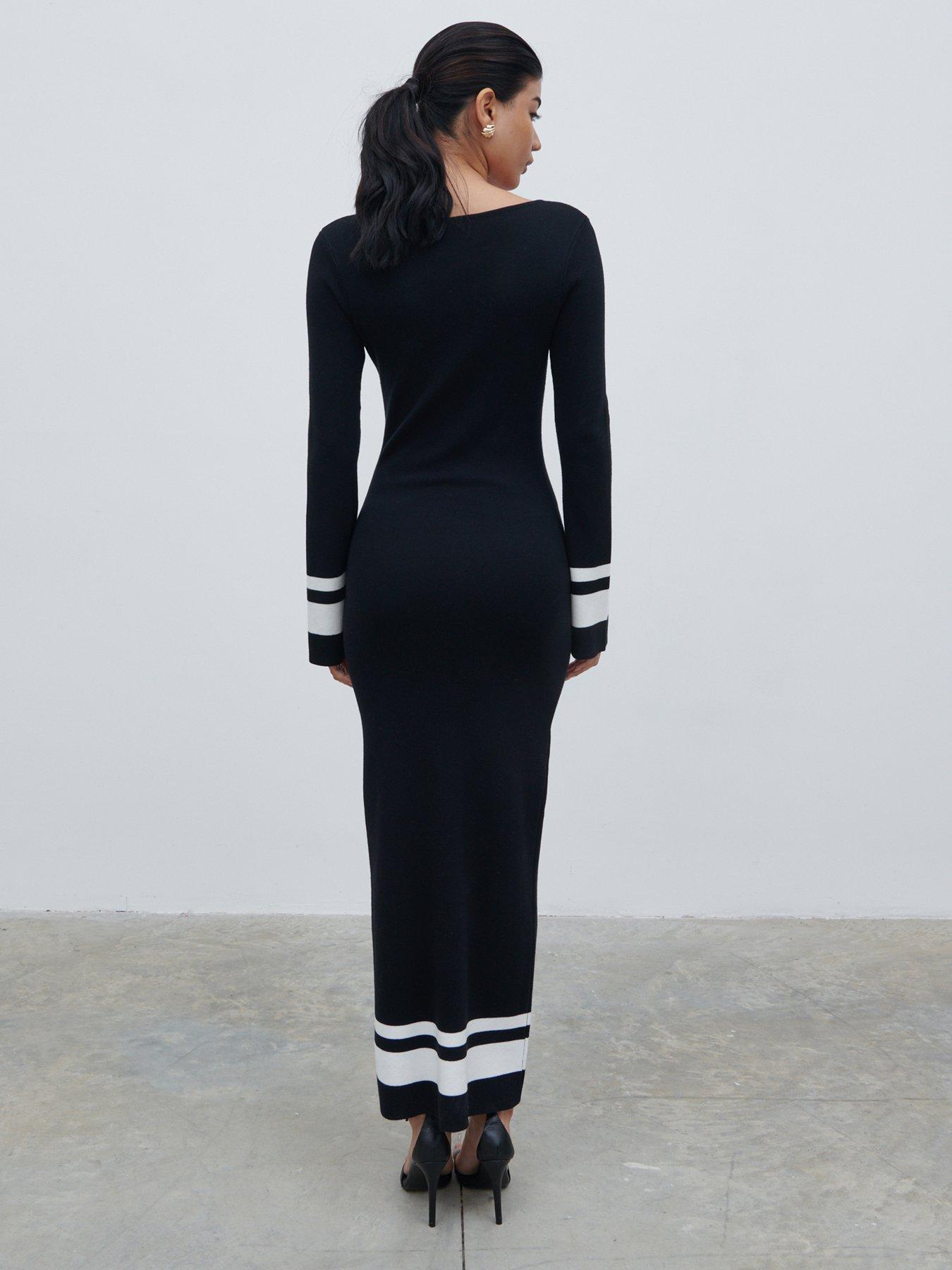 pretty-lavish-stripe-midaxi-knit-dress-black-amp-creamstillFront