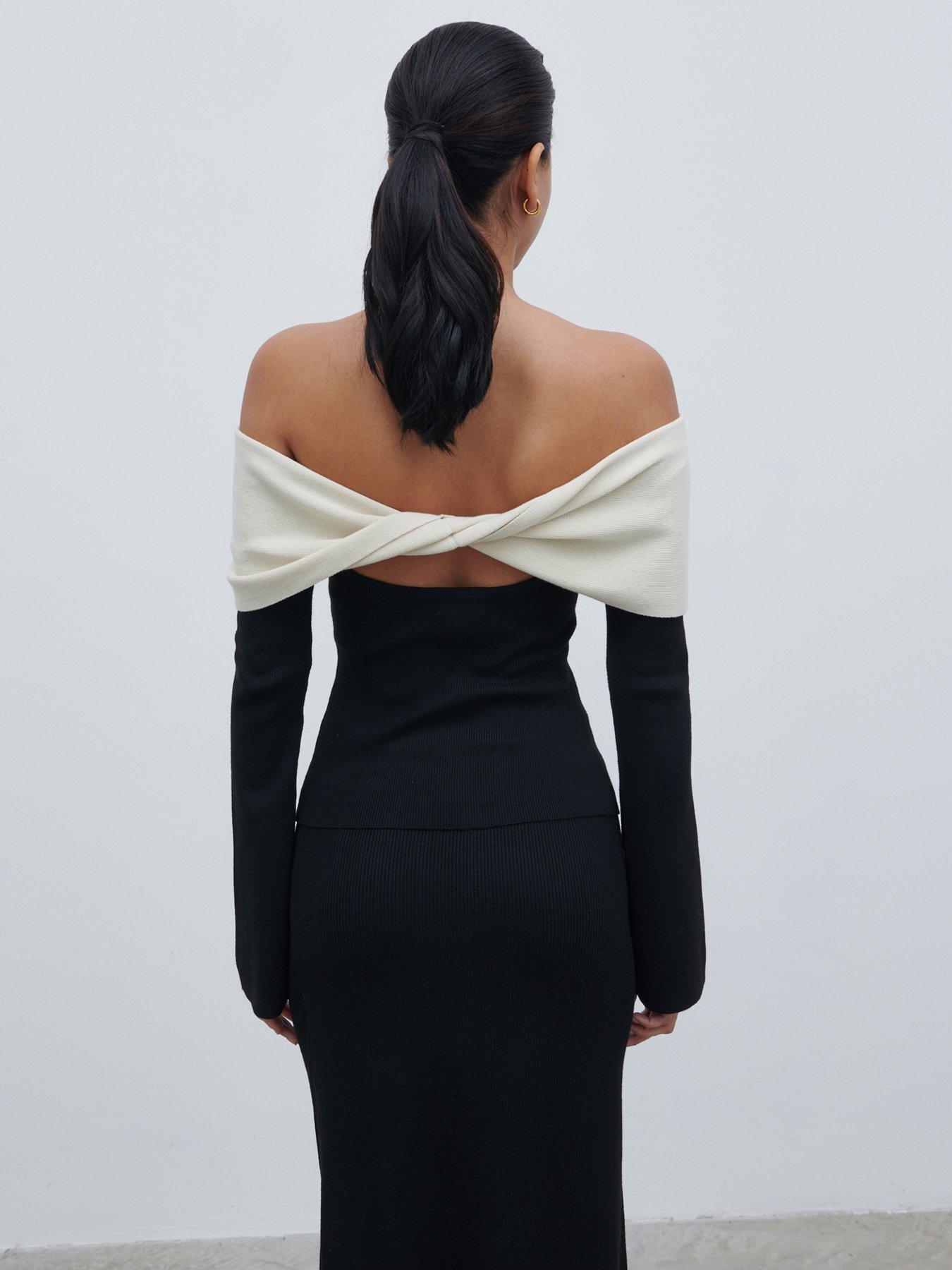 pretty-lavish-twist-contrast-bardot-knit-top-black-amp-creamoutfit