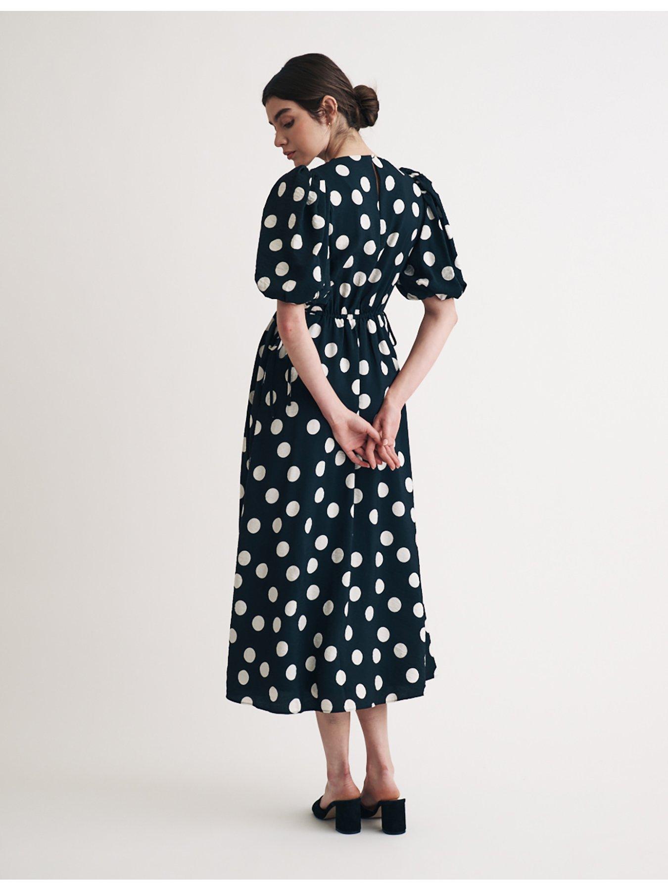 nobodys-child-puff-sleeve-polka-dot-midi-dress-blackstillFront