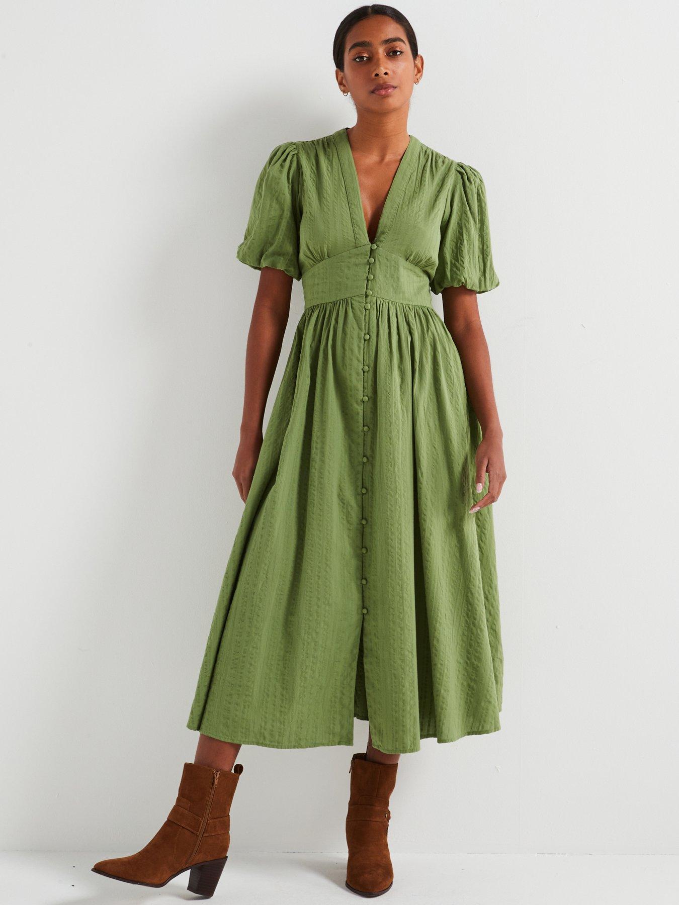 nobodys-child-button-down-puff-sleeve-midi-dress-green