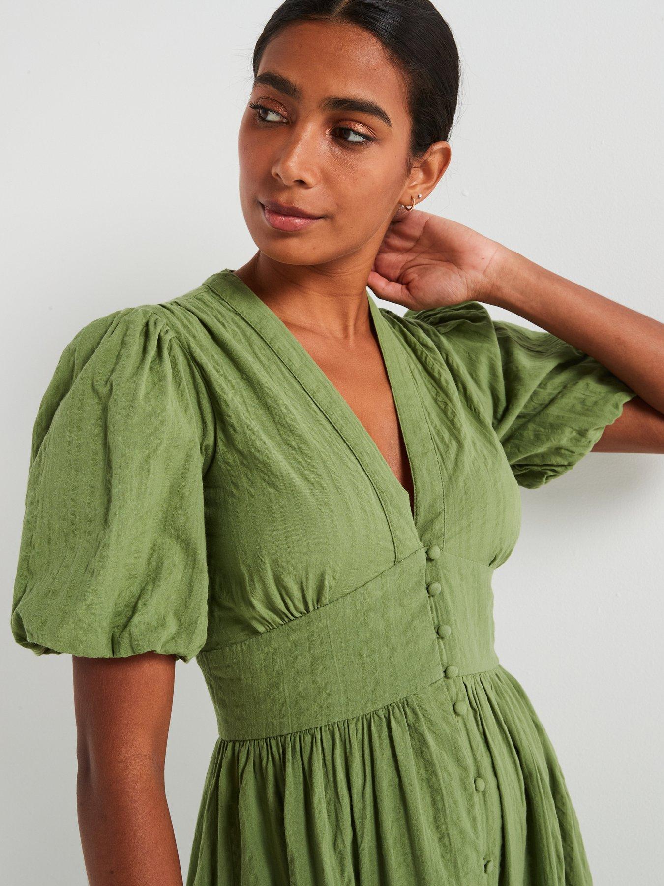 nobodys-child-button-down-puff-sleeve-midi-dress-greenoutfit