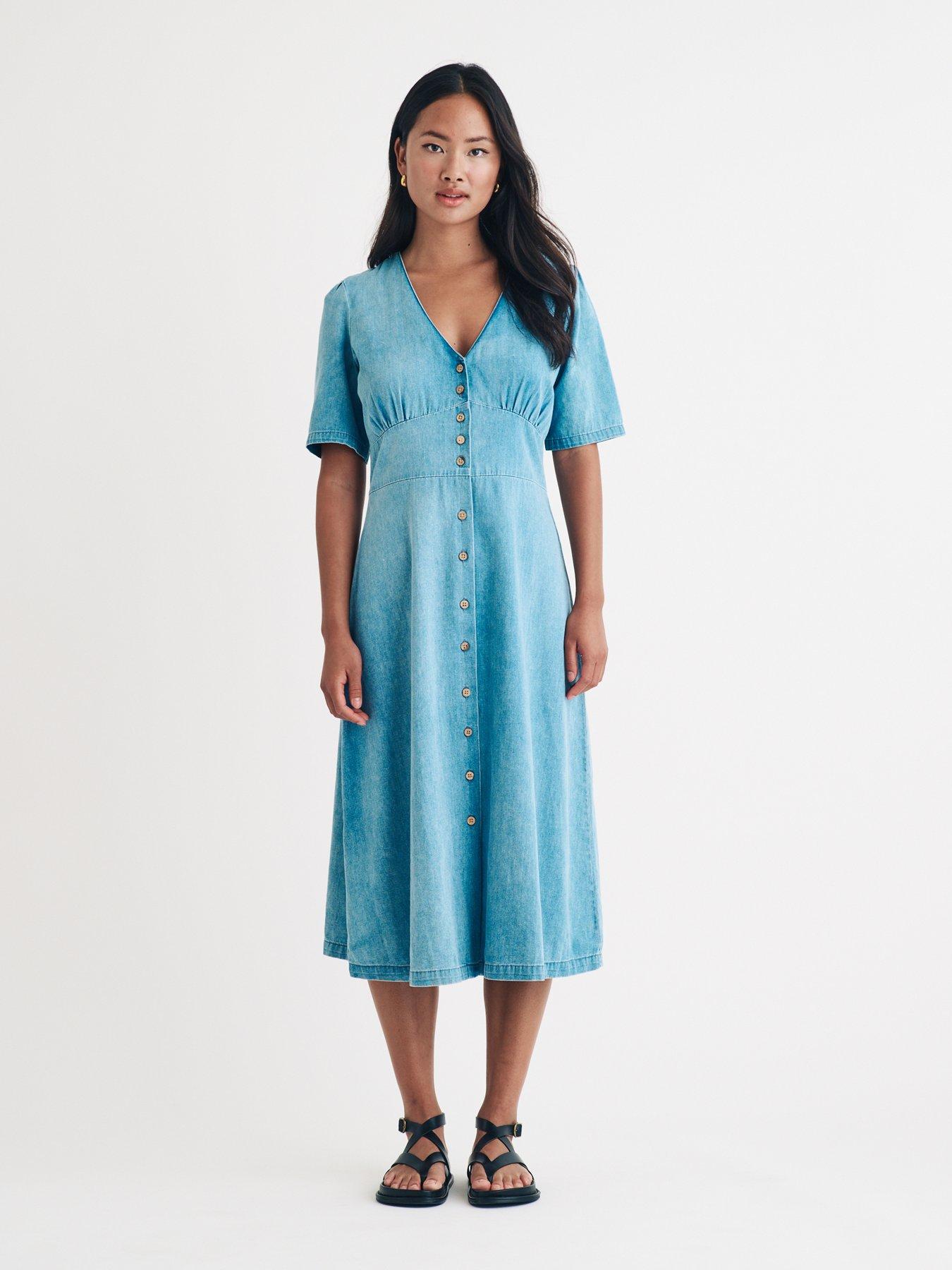 nobodys-child-button-down-puff-sleeve-midi-dress-blue