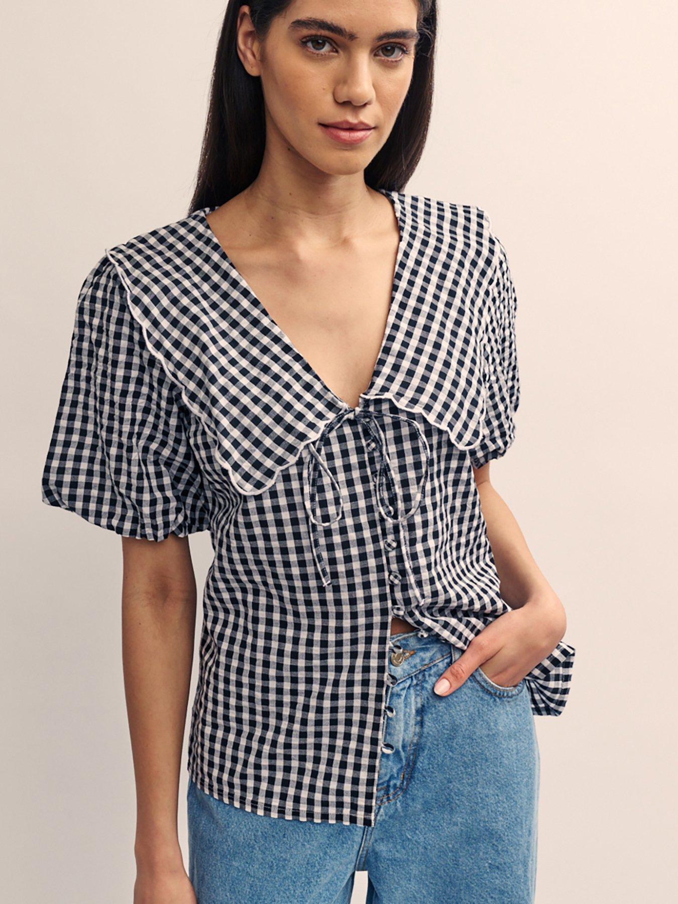 nobodys-child-gingham-v-neck-puff-sleeve-blouse-multi