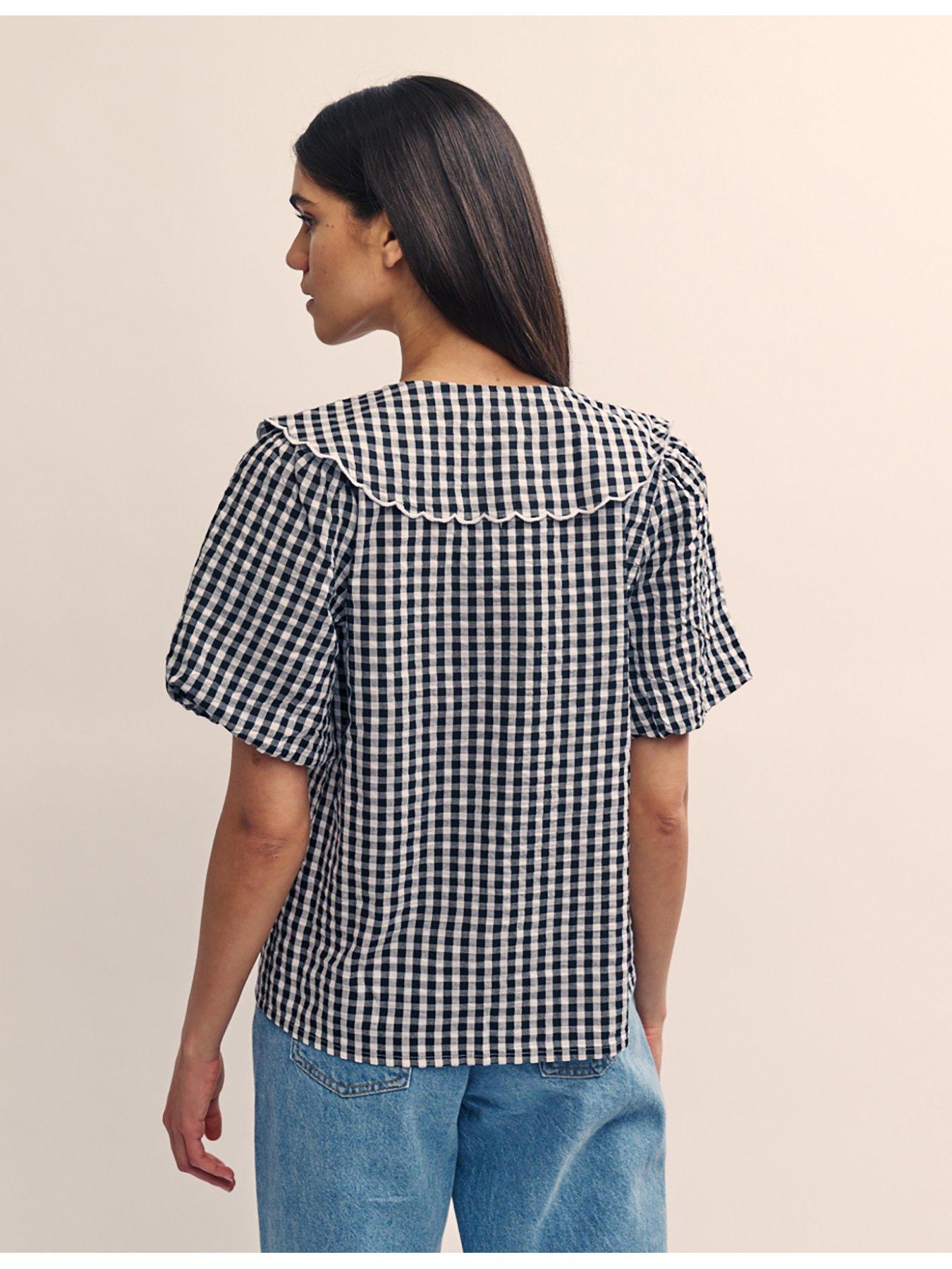 nobodys-child-gingham-v-neck-puff-sleeve-blouse-multistillFront