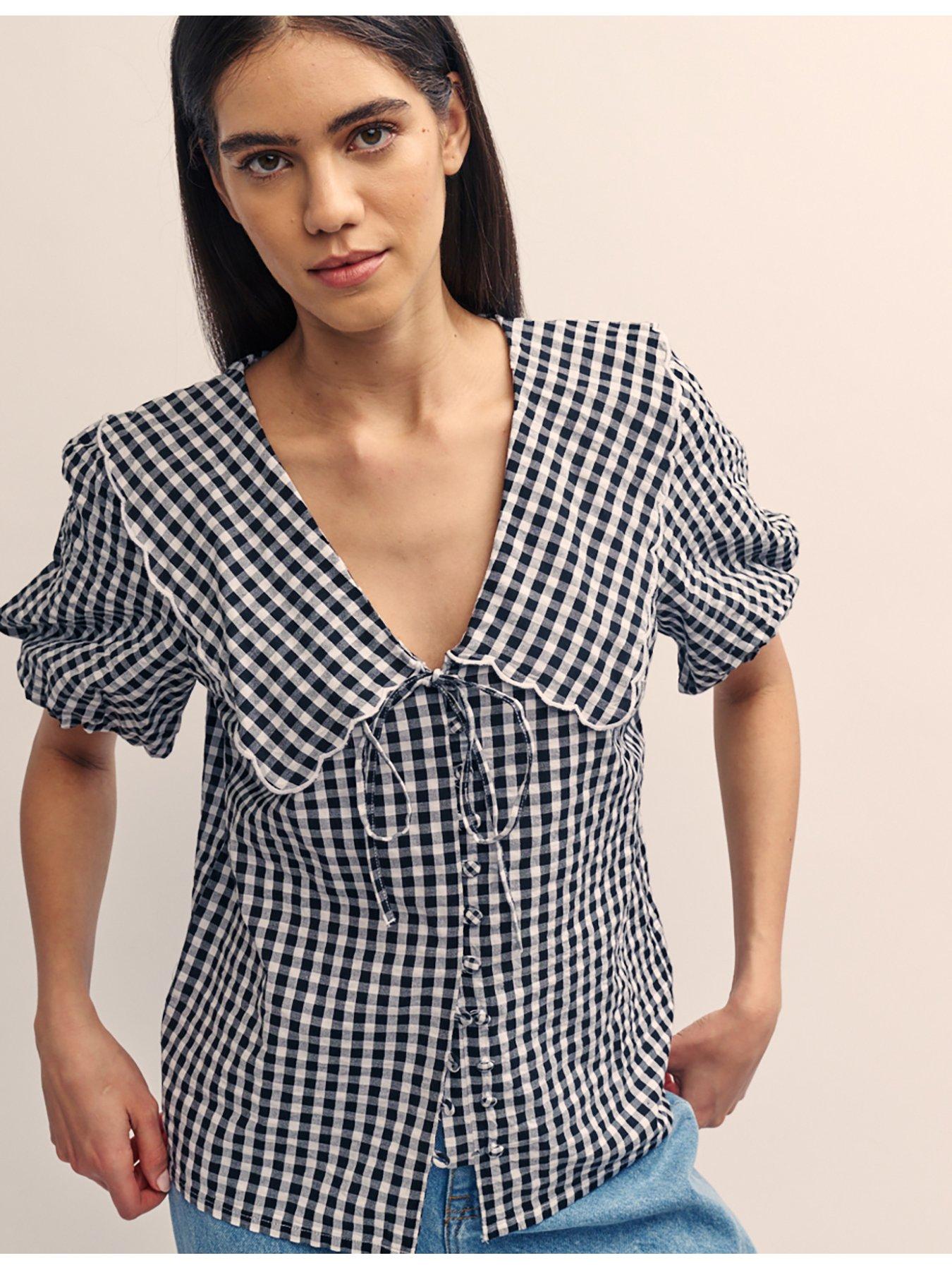 nobodys-child-gingham-v-neck-puff-sleeve-blouse-multiback