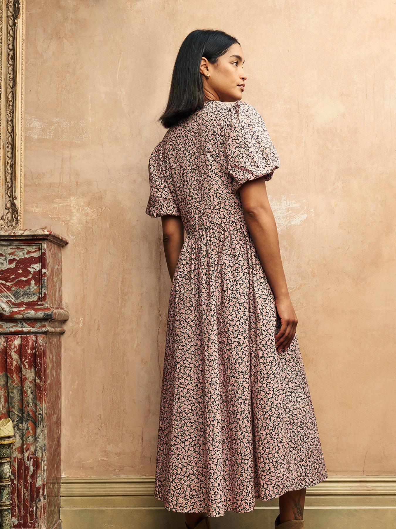 nobodys-child-button-down-puff-sleeve-midi-dress-floral-multistillFront