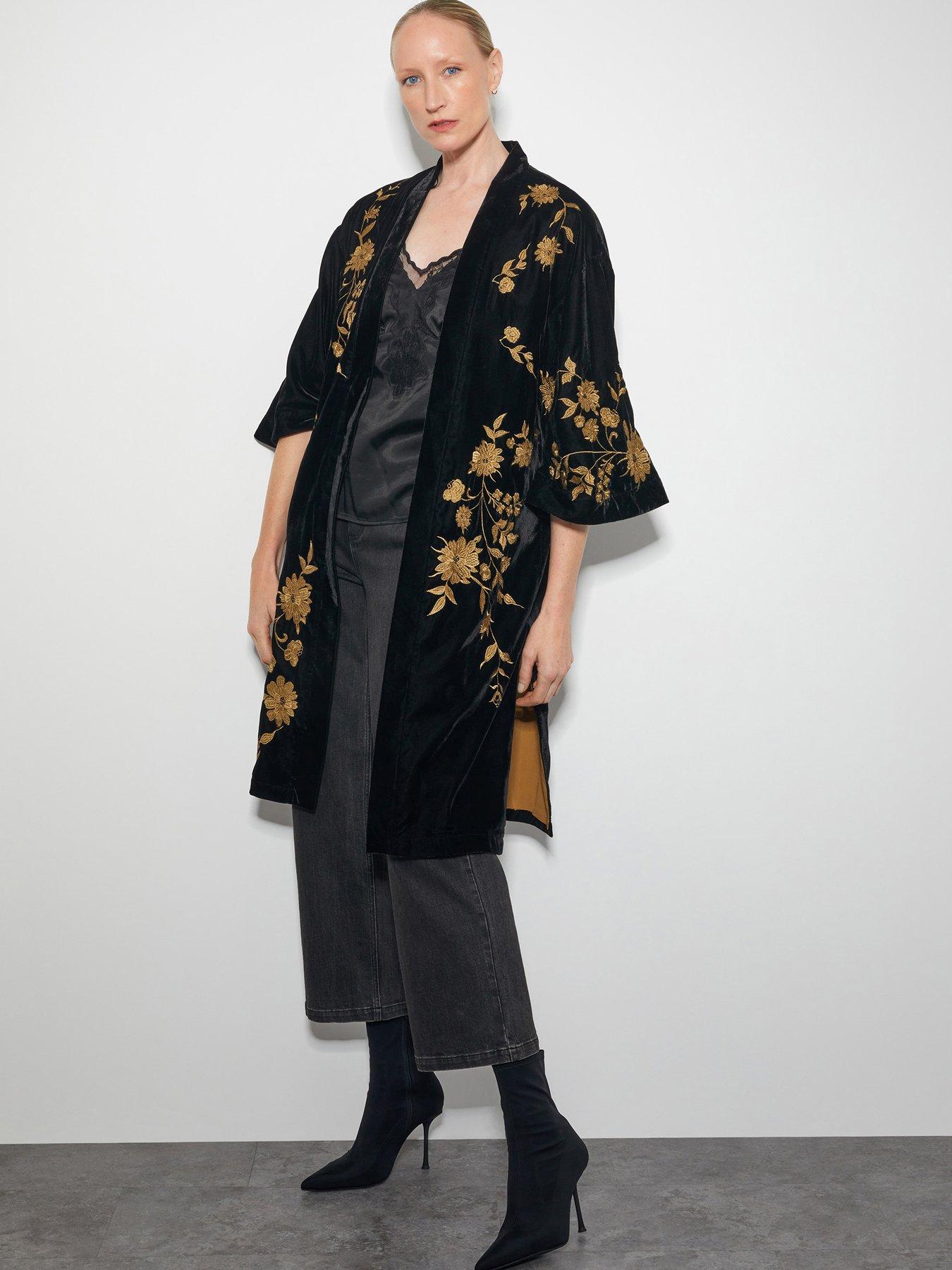 Image 1 of 6 of Monsoon Kendra Velvet Kimono - Black