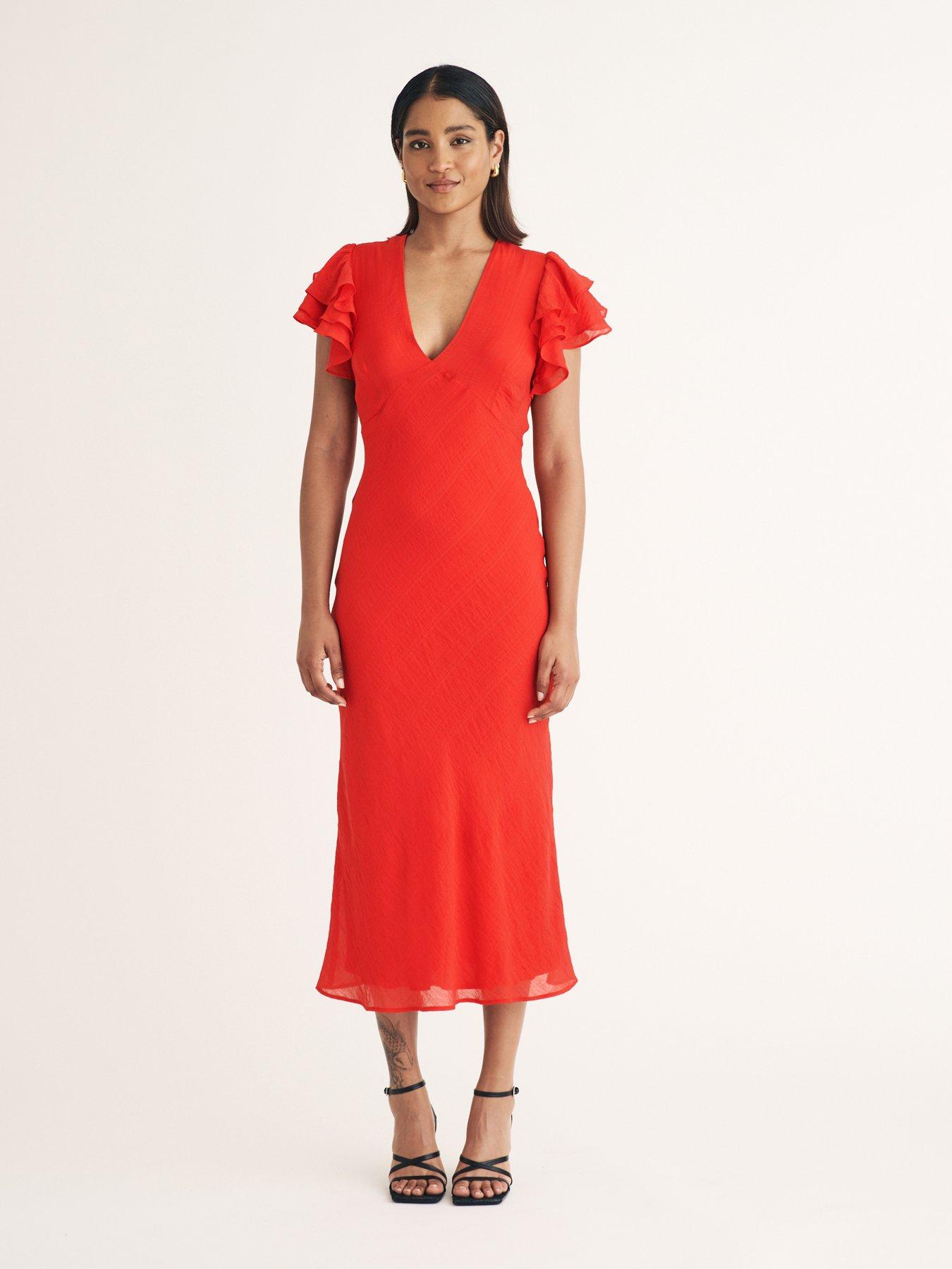 nobodys-child-v-neck-frill-sleeve-midi-dress-redfront