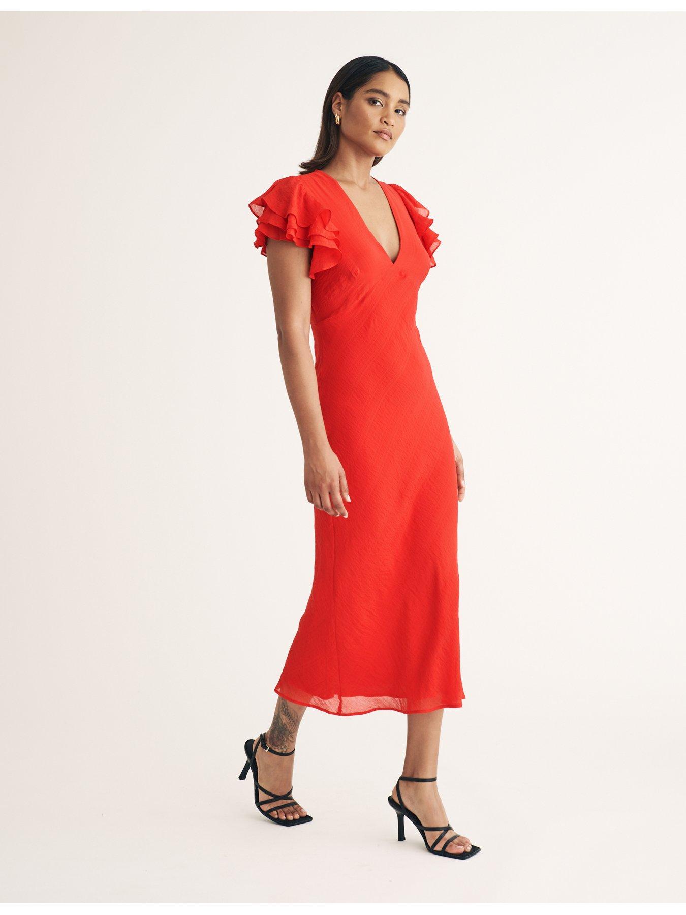 nobodys-child-v-neck-frill-sleeve-midi-dress-redback