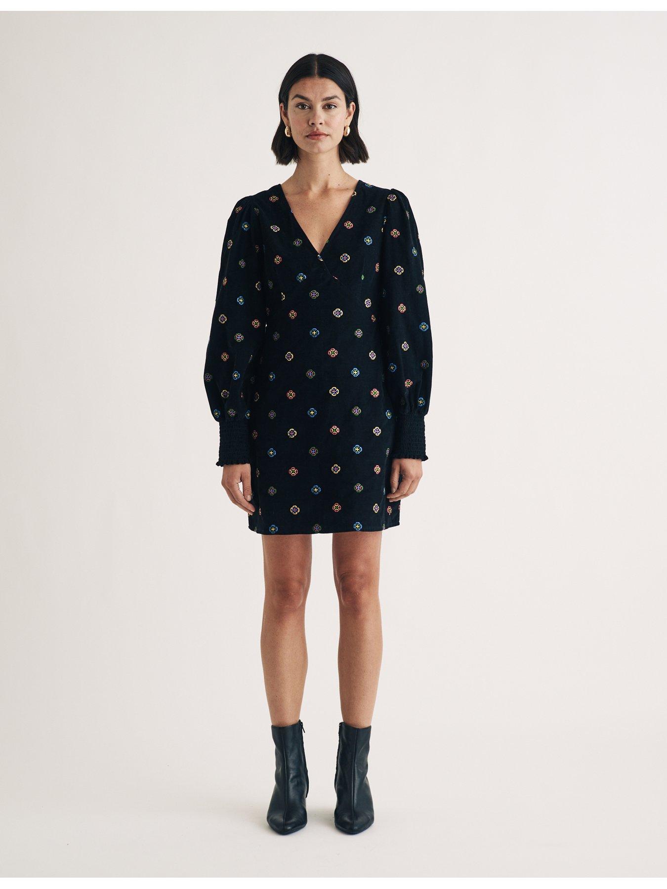 nobodys-child-embroidered-long-sleeve-cord-mini-dress-black