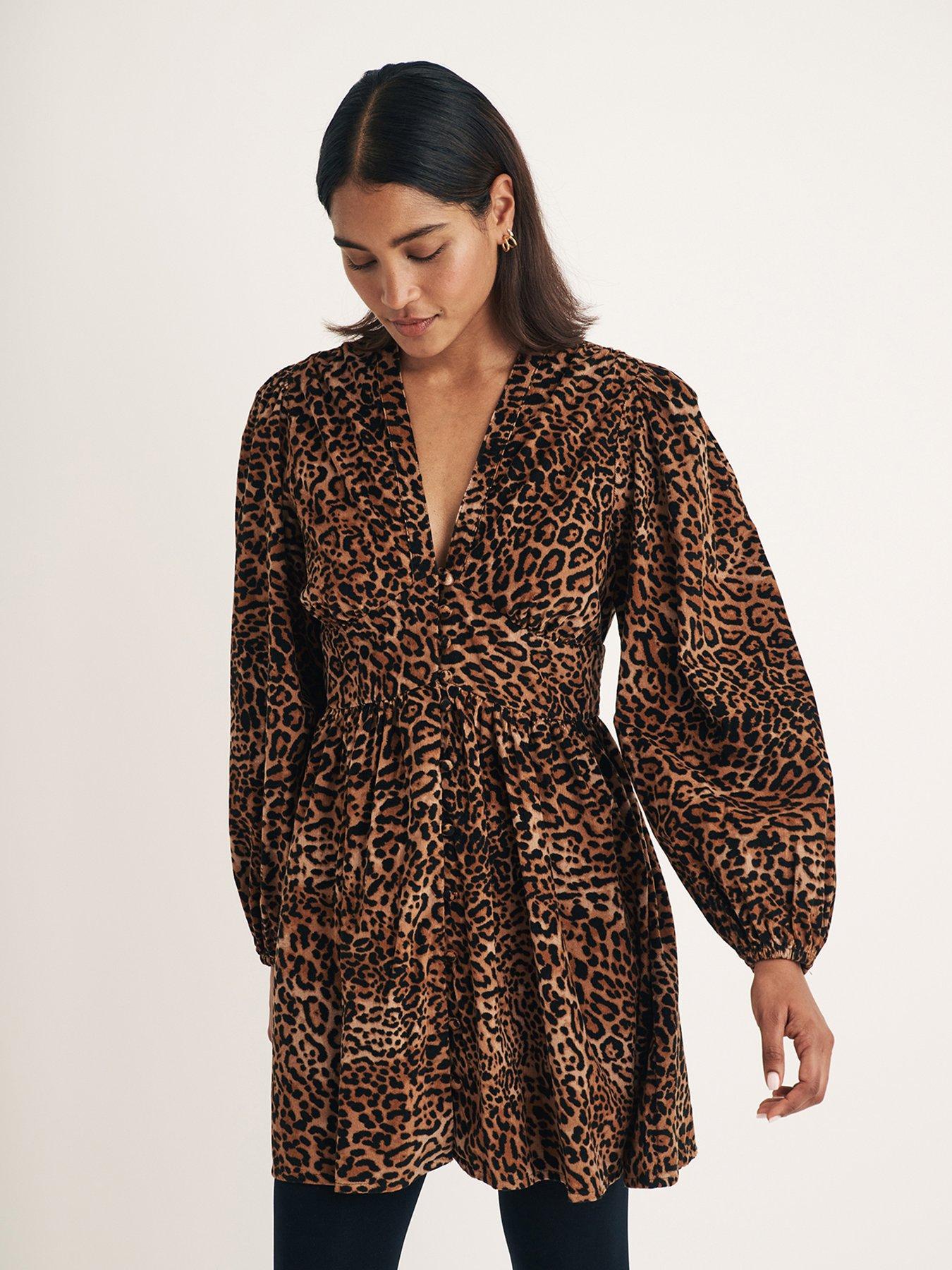 Nobodys Child Leopard Print Button Down V Neck Cord Mini Dress - Multi