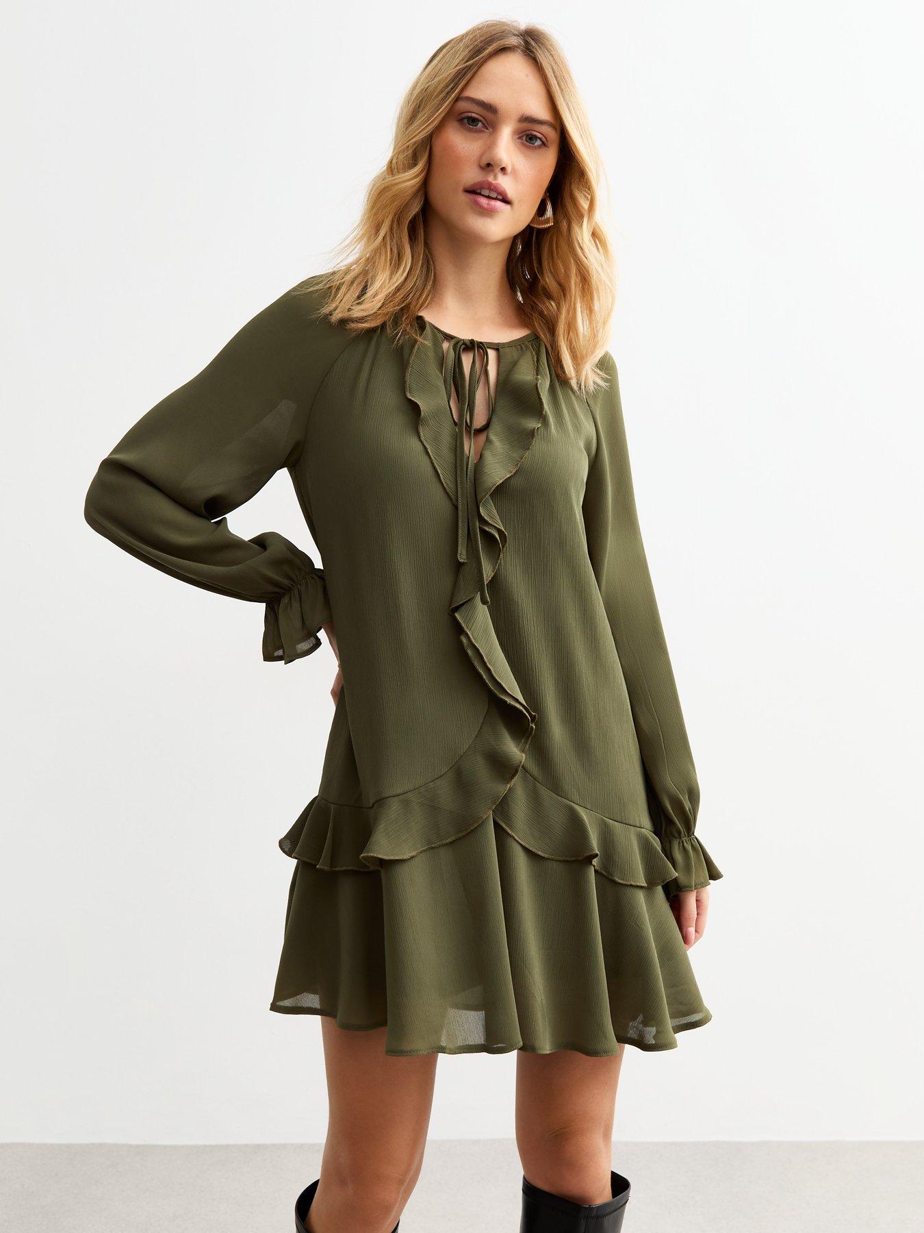 new-look-chiffon-ruffle-trim-mini-dress-khaki