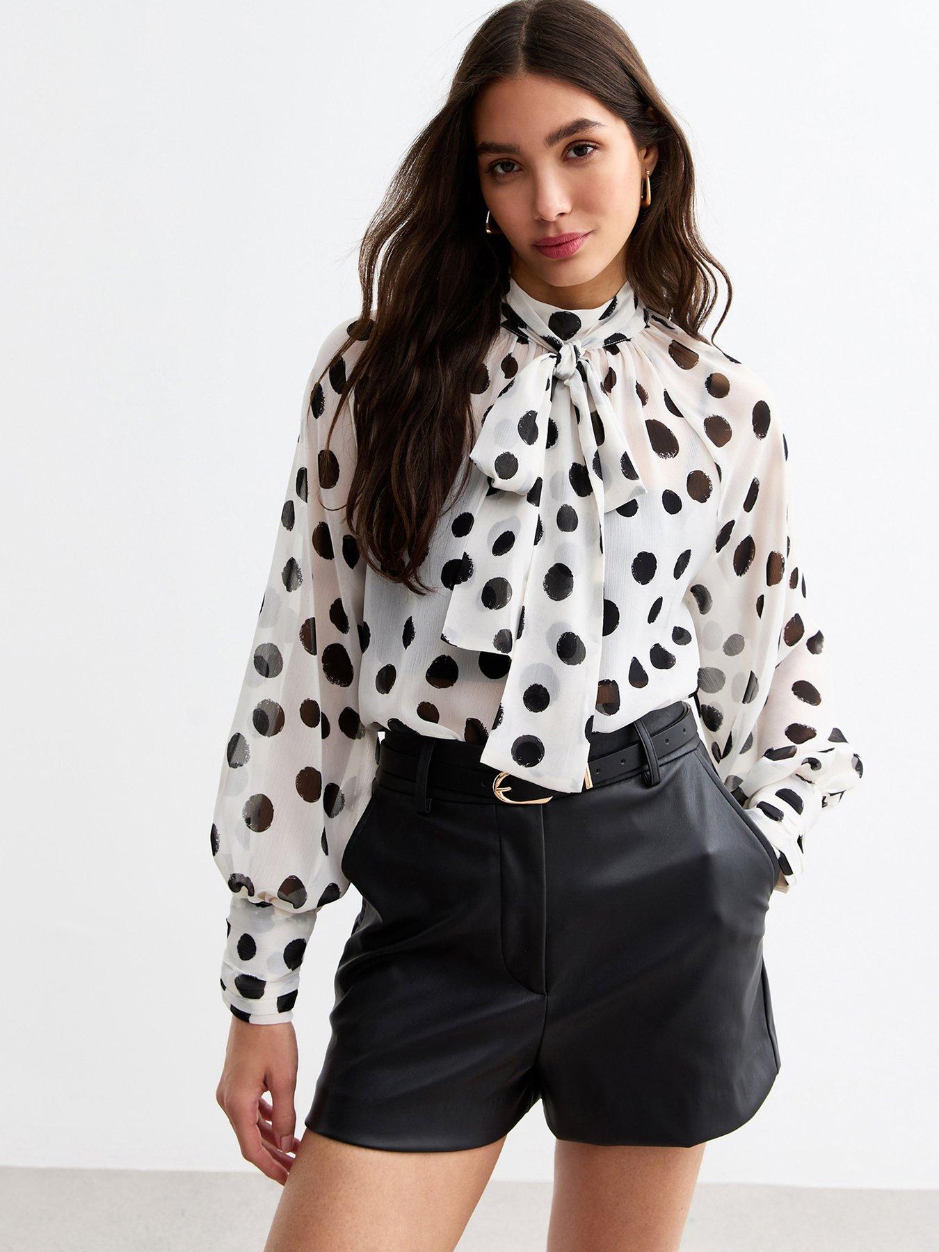 new-look-black-polka-dot-chiffon-bow-collar-blouse