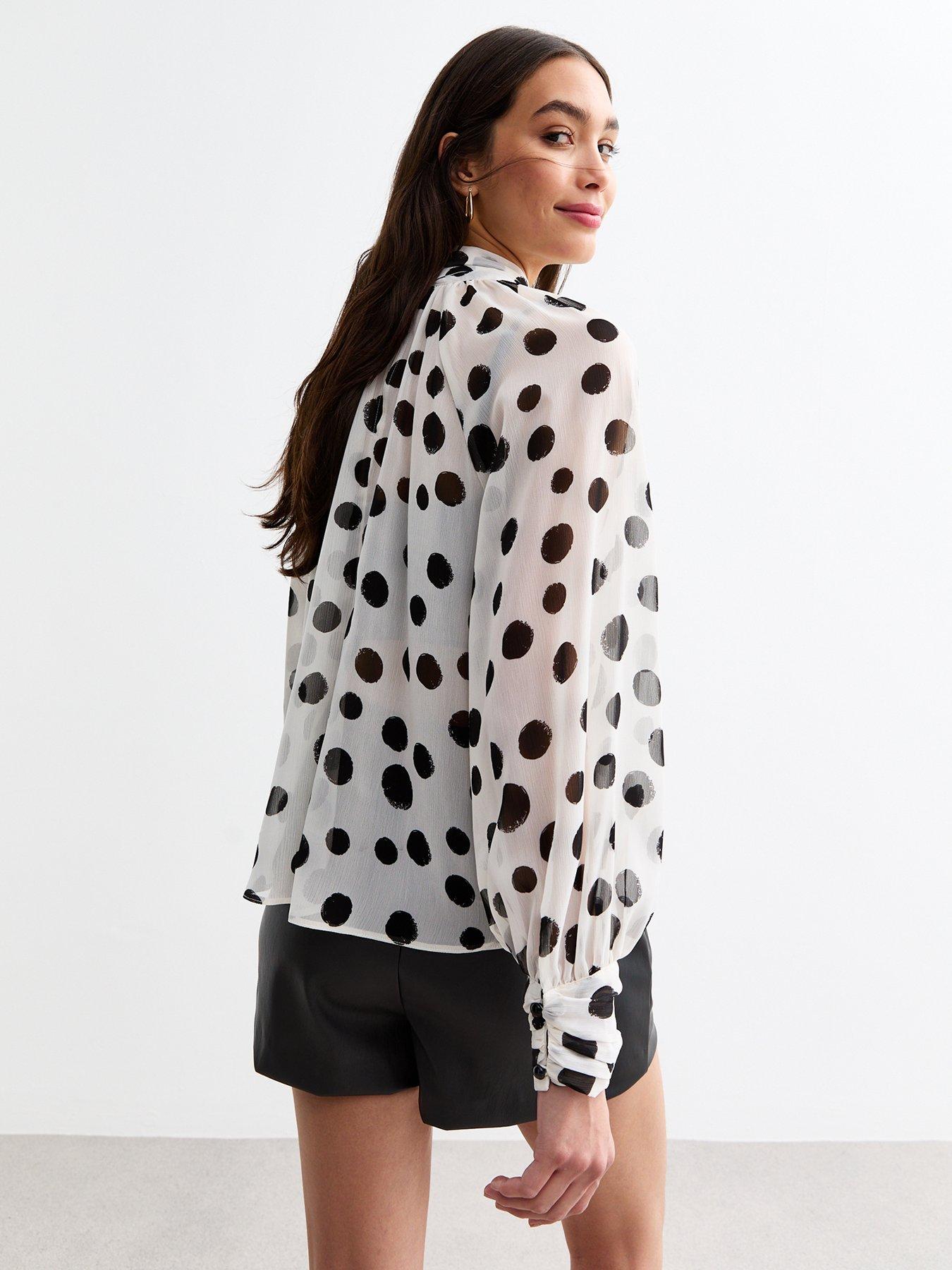 new-look-black-polka-dot-chiffon-bow-collar-blousestillFront