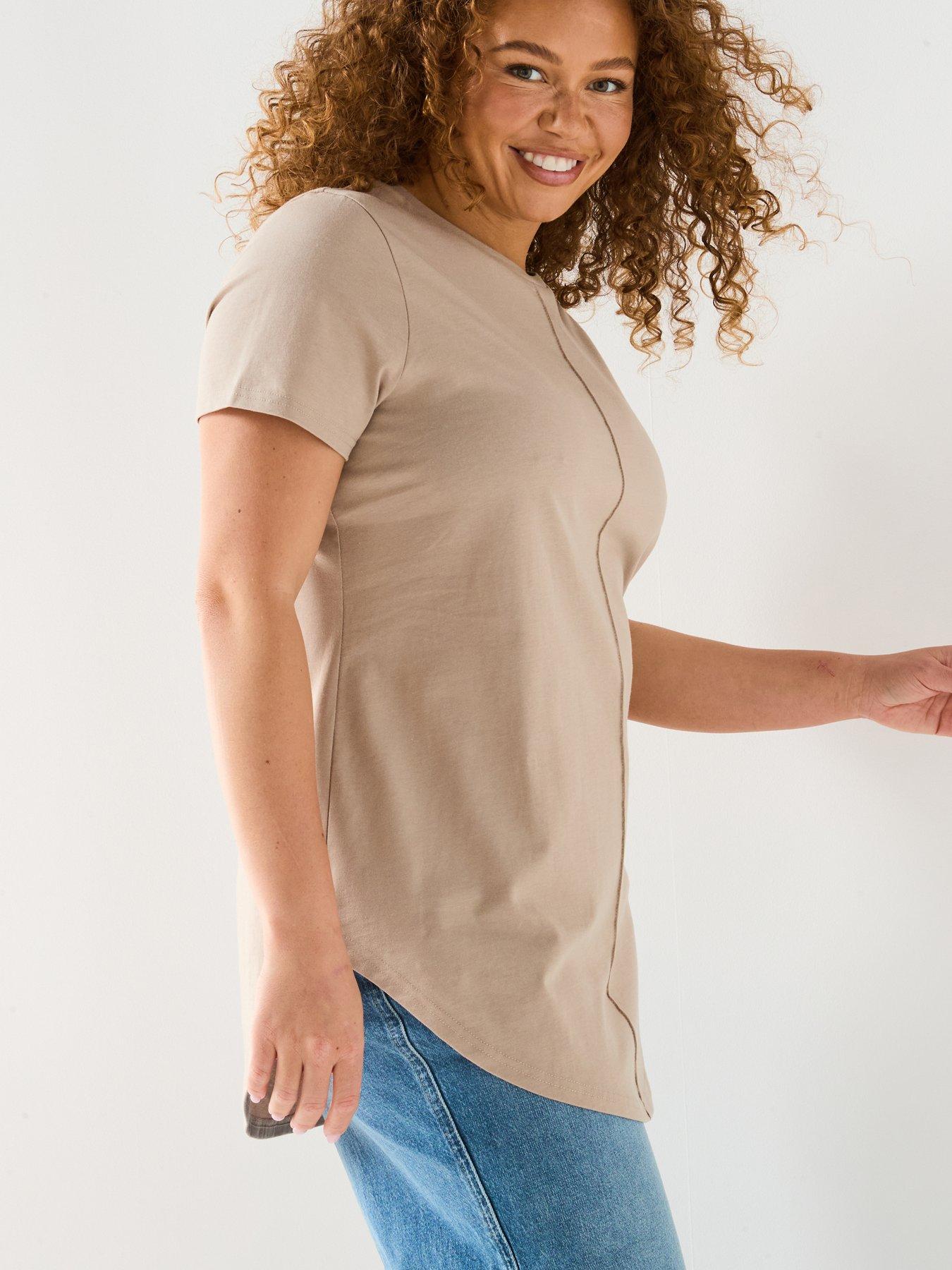 Image 1 of 6 of V by Very Curve Scoop Hem Crew Neck T-Shirt - Beige