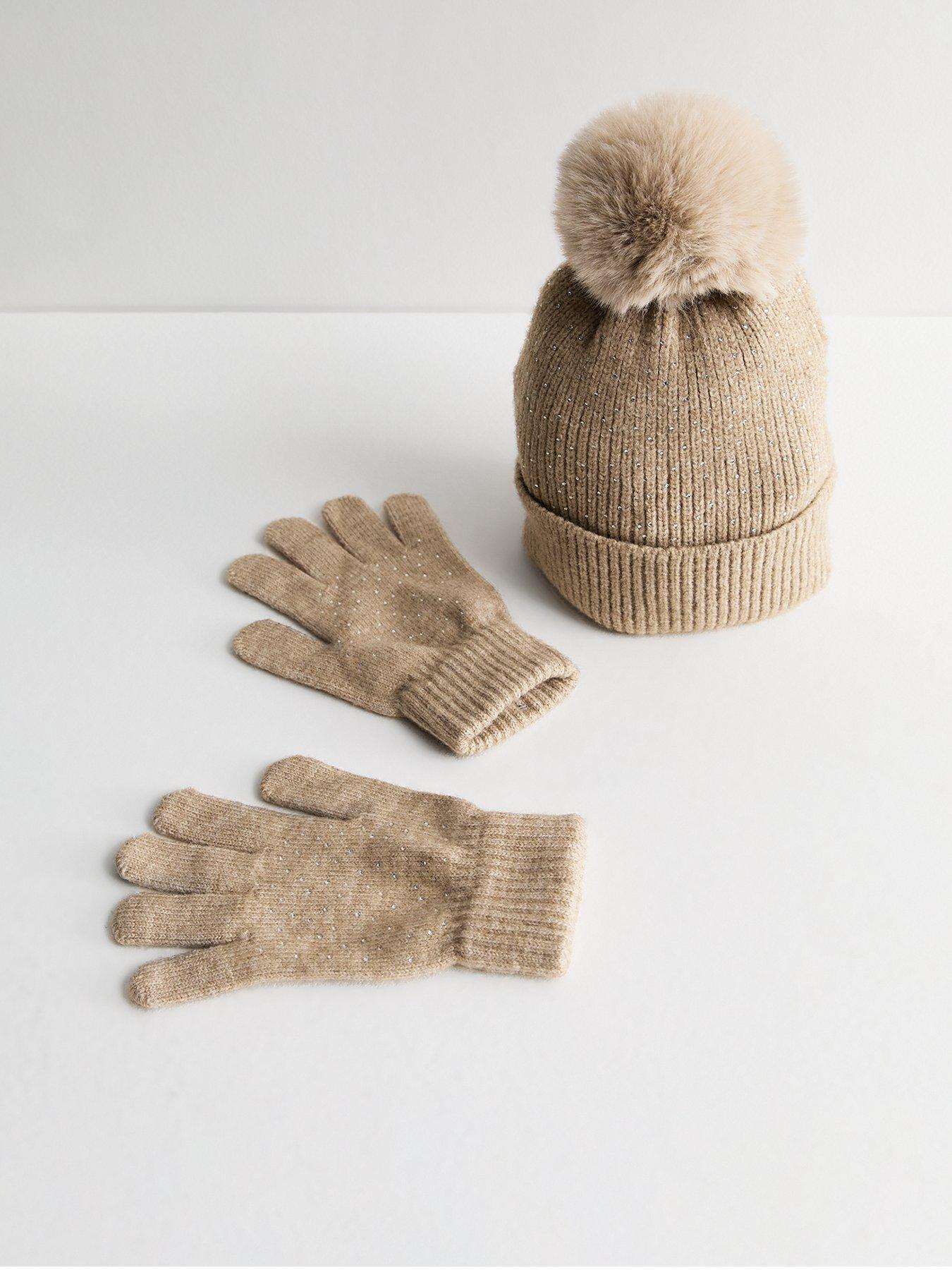 new-look-cream-sequin-knit-bobble-hat-and-glove-set