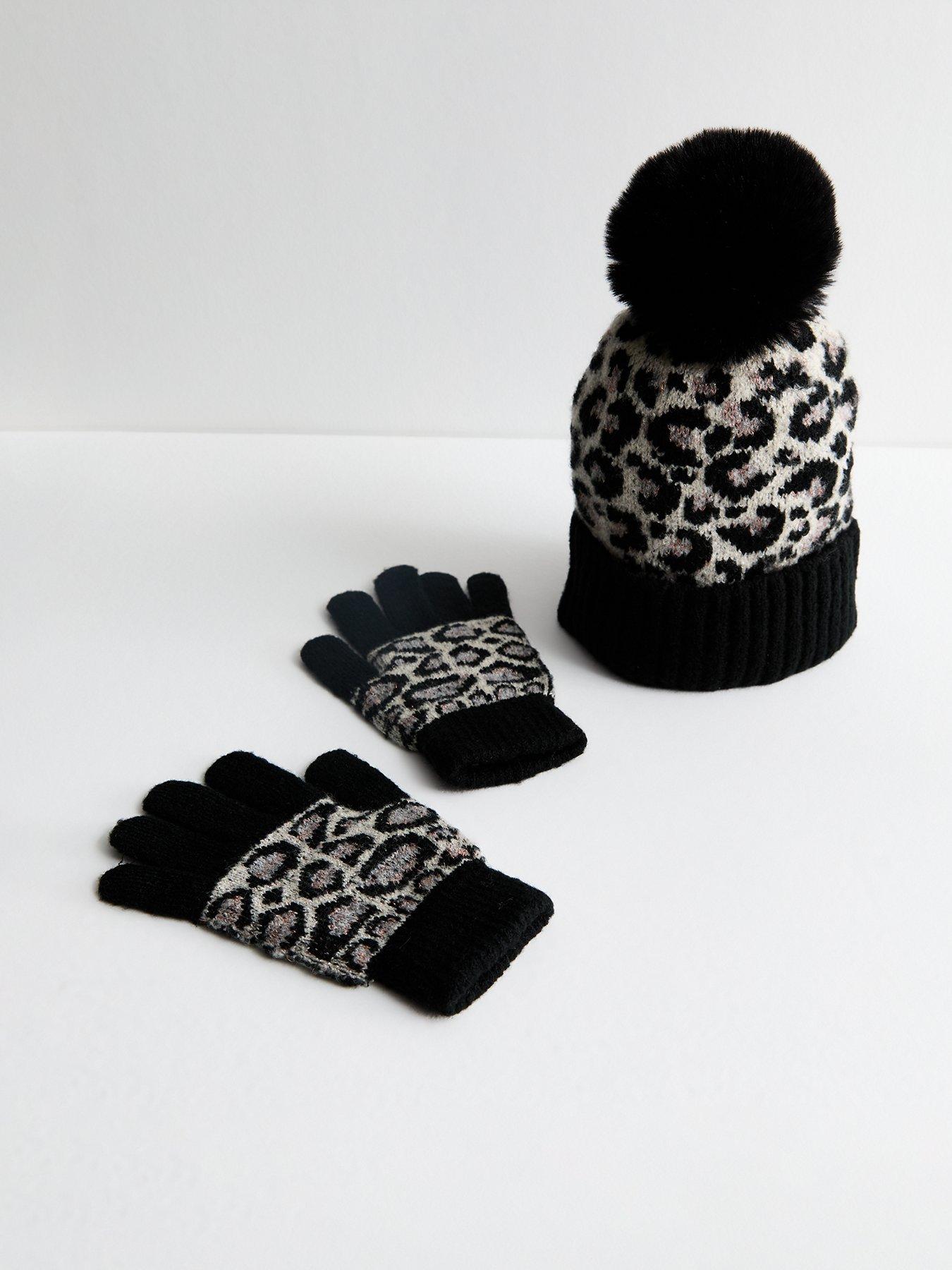 new-look-black-leopard-print-bobble-hat-and-gloves-set