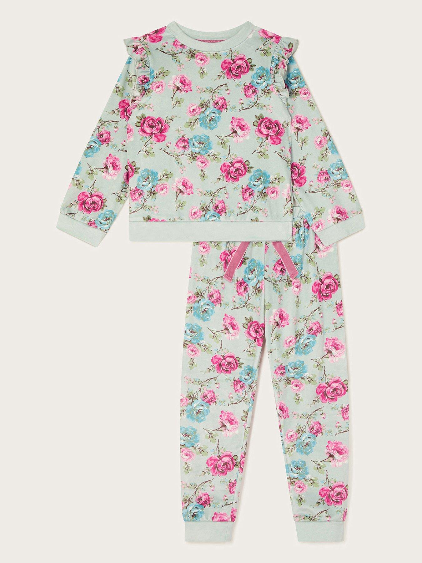 monsoon-girls-velour-floral-print-long-sleeve-pyjamas-set-green