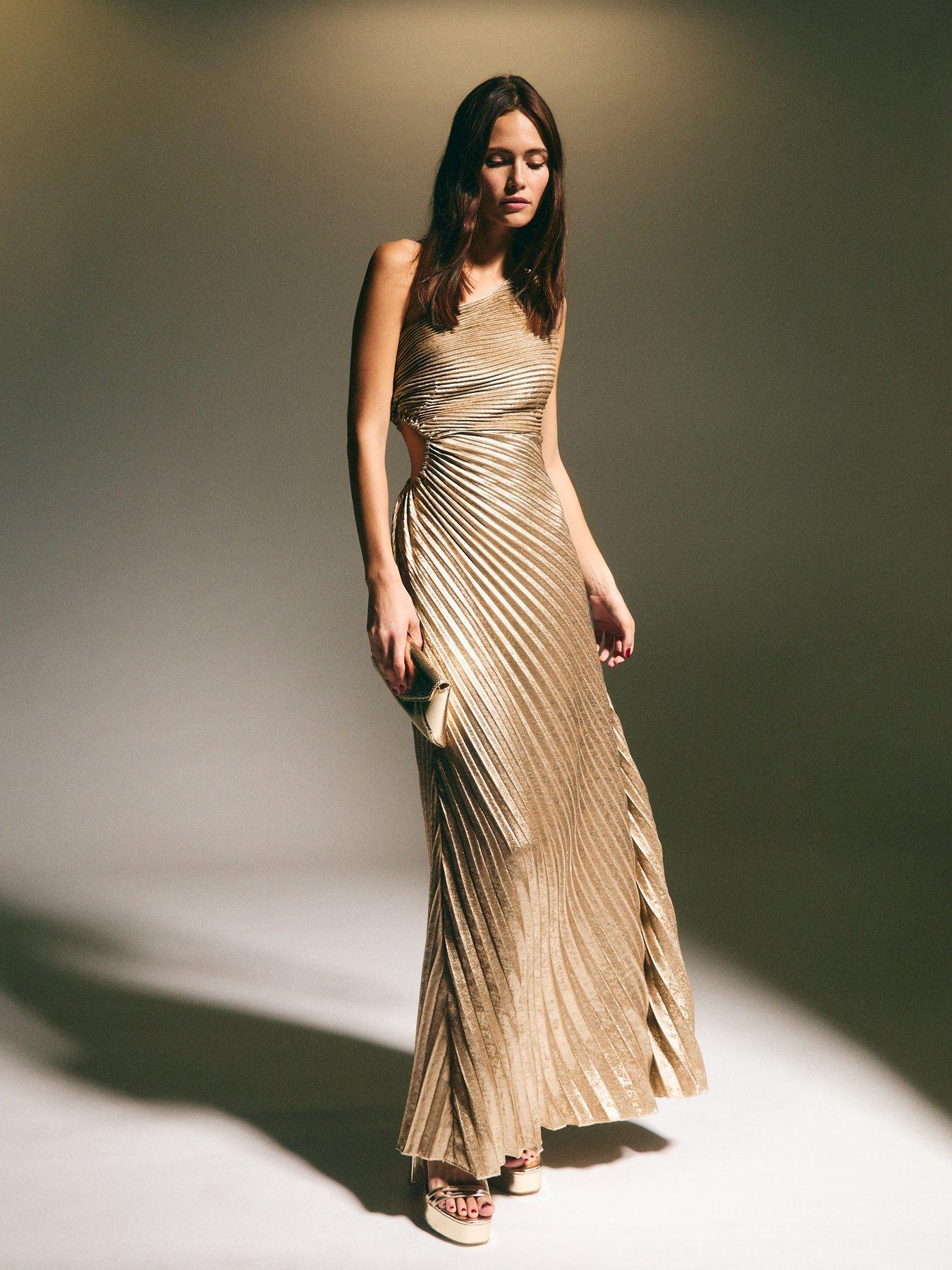 New Look Metallic Foil Pleated One Shoulder Maxi Dress Gold Very Ireland