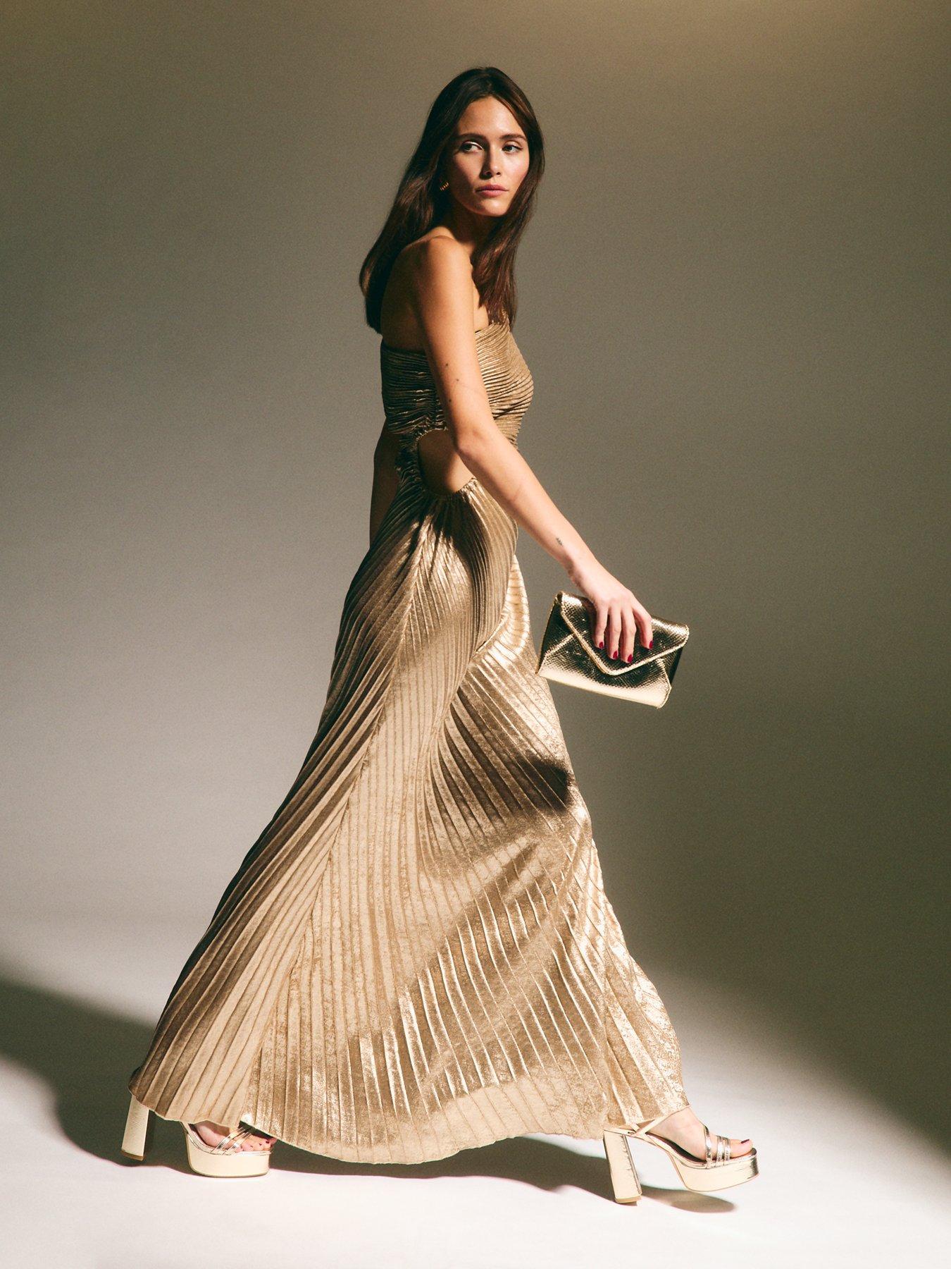 New Look Metallic Foil Pleated One Shoulder Maxi Dress Gold