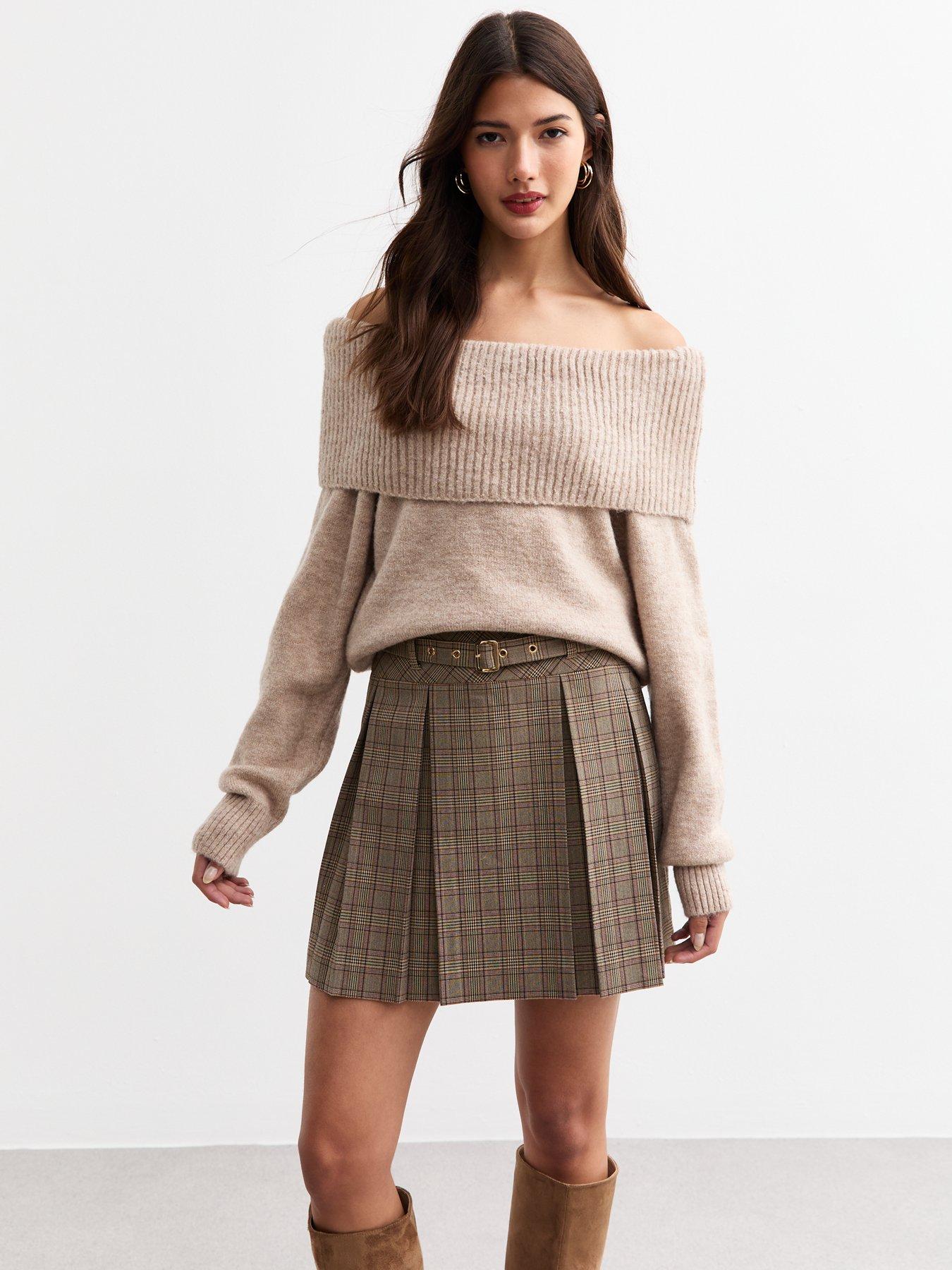 new-look-check-belted-box-pleat-mini-skirt-brownfront