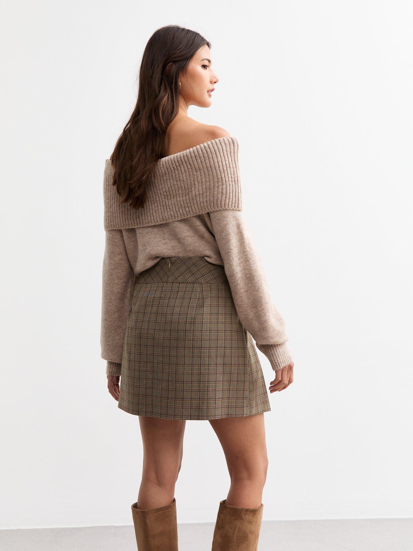 new-look-check-belted-box-pleat-mini-skirt-brownstillFront